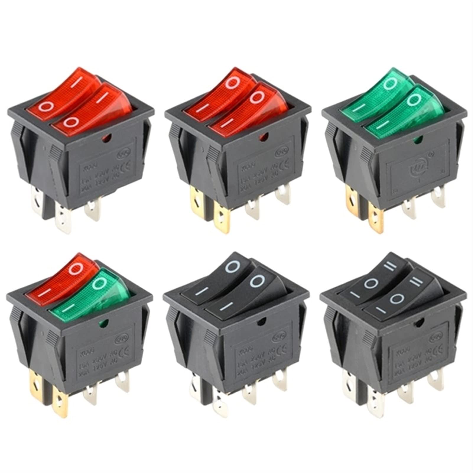 KCD8 6-Pin Rocker Switch 16A 250V / 20A 125V Double Light Waterproof ON-Off Power Switch for Boats, RVs, Marine & Industrial Equipment - KCD6 Series (Color: RG-2D6P)