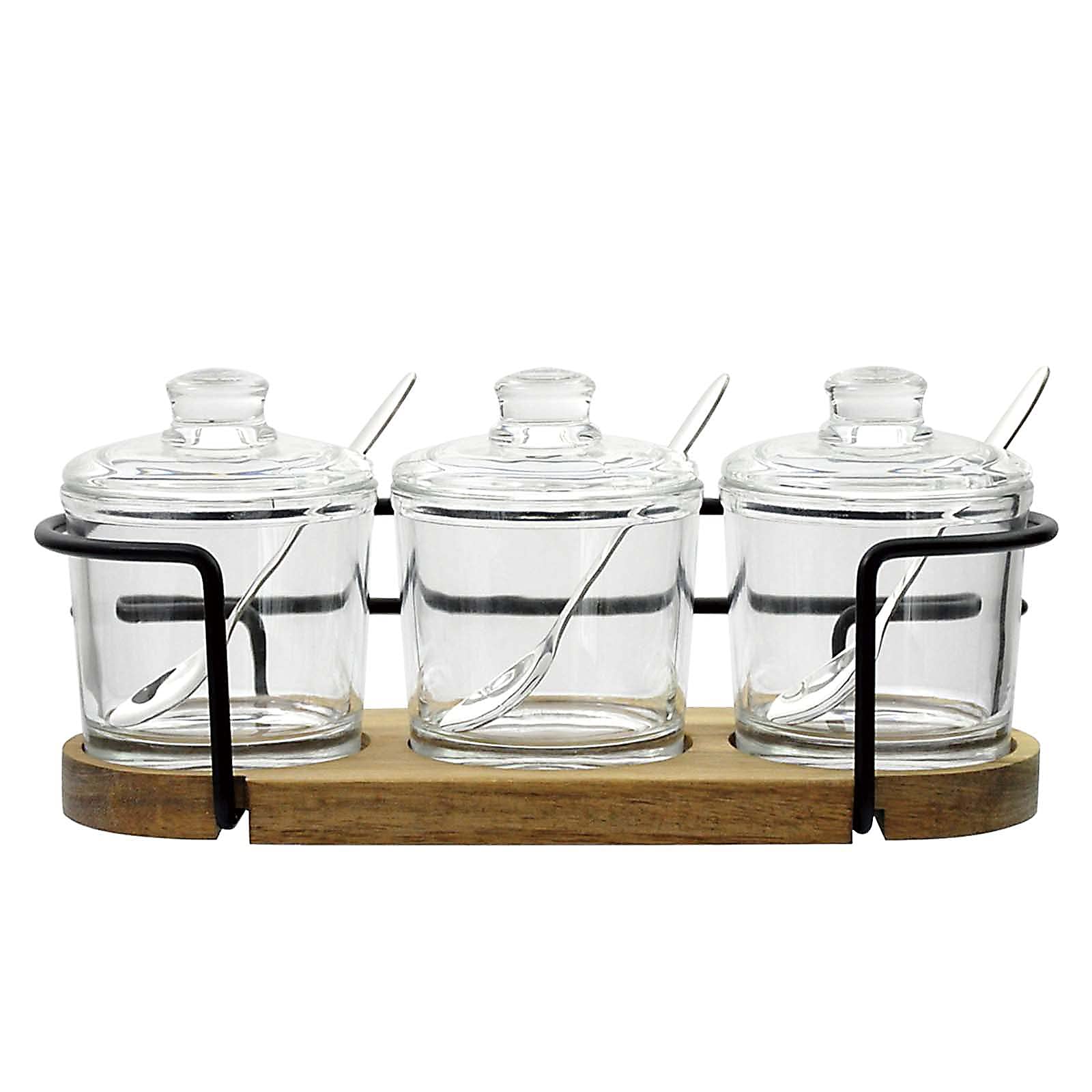 Rawken 3-Pack Glass Sugar Bowl with Lid & Spoon, Wooden Tray with Metal Hanging Lids - Salt & Pepper Storage Jars, Seasoning Dispenser & Spice Rack Holder for Home Kitchen (ZRO-017) | Perfect for Coffee, Tea, Baking & Countertop Organization