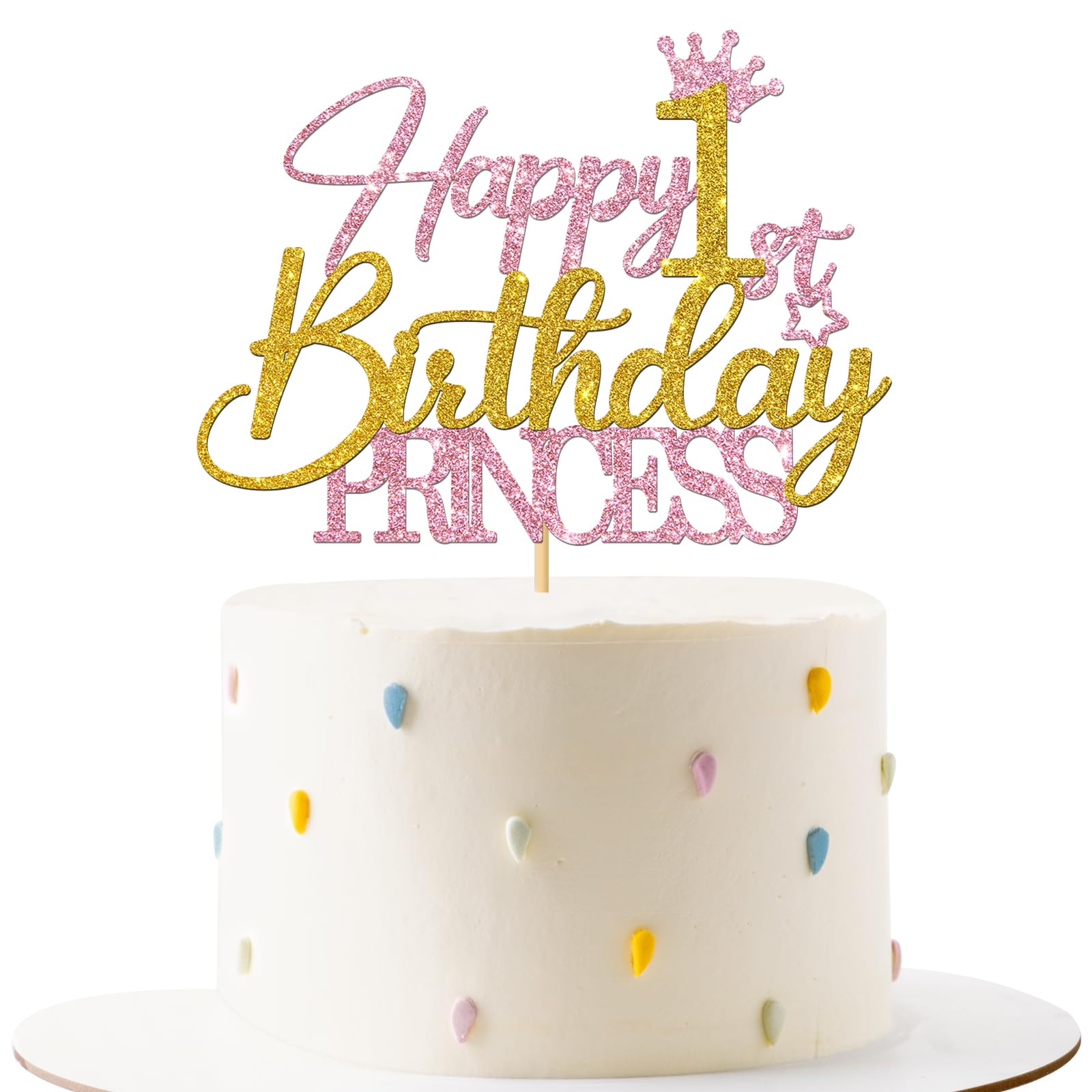 Happy 1st Birthday Cake Topper for Girls - Pink & Gold Glitter Princess Cake Decorations - Baby Girl One Year Old Party Supplies - Perfect for Birthday Cakes, Cupcakes & Dessert Tables