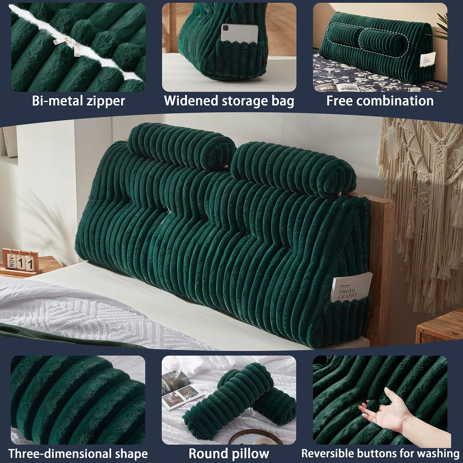 Faux Fur Headboard Pillow with 2 Neck Roll Pillows - Queen Size Soft Supportive Bed Backrest with Removable Cover (Green) for Bedroom Decor, Reading in Bed & Cozy Relaxation