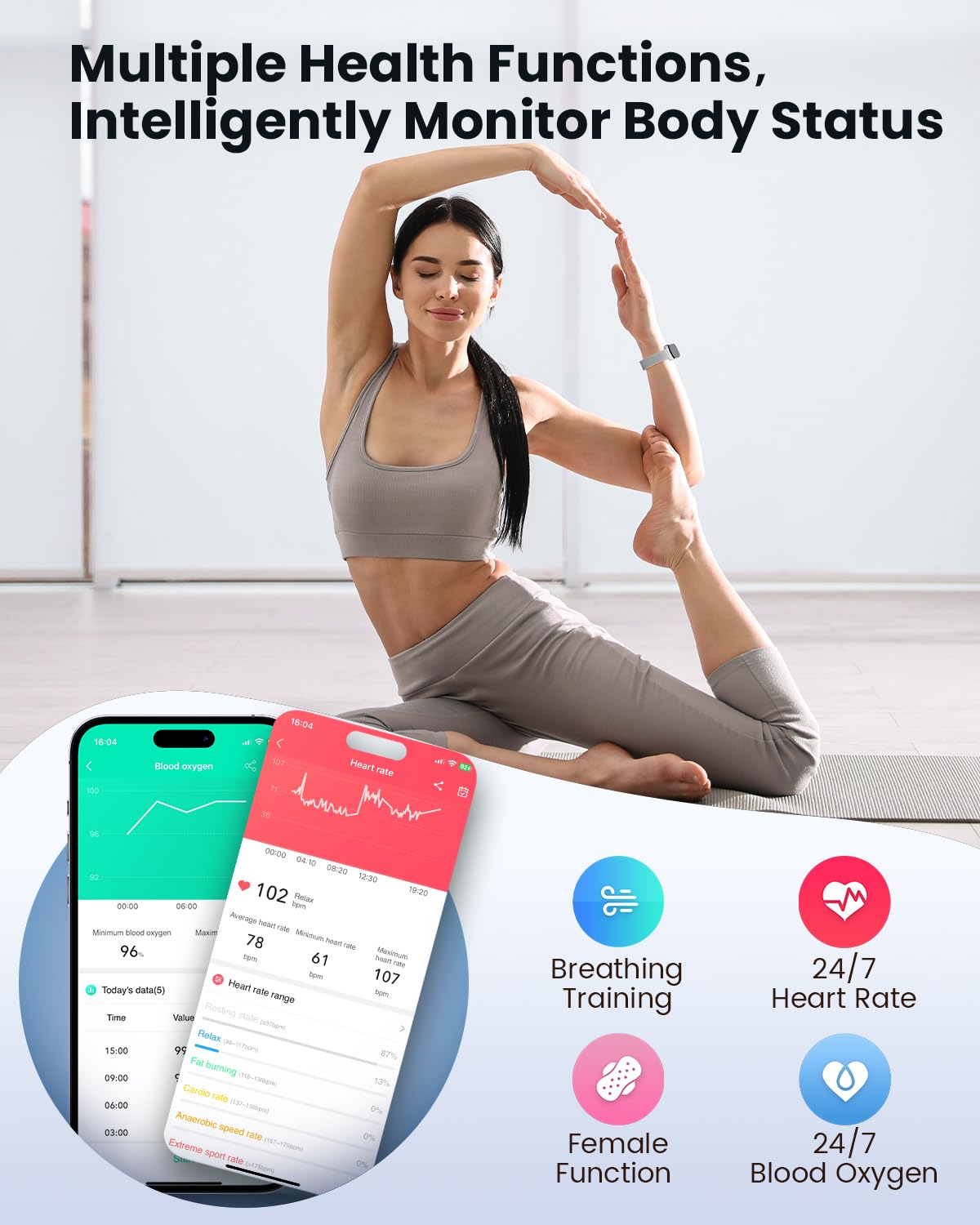 Fitness Tracker Smart Watch for Women & Men - 24/7 Heart Rate Monitor, Blood Oxygen & Sleep Tracker, Waterproof Activity Tracker with Calorie & Distance Pedometer, Compatible with Android & iPhone - Perfect for Running, Gym Workouts & Daily Health Monitoring