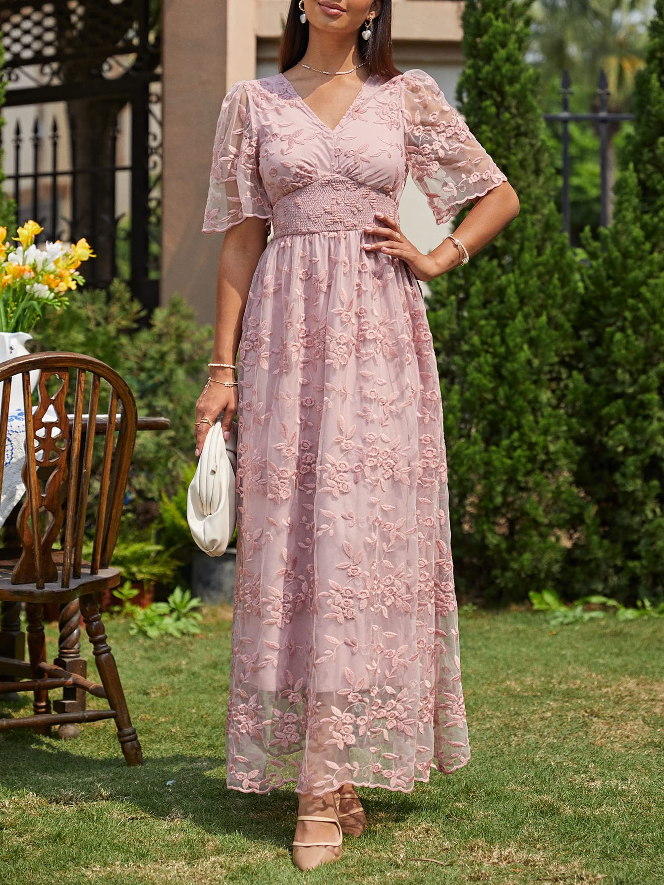 Miessial Women's Elegant V-Neck Lace Floral Maxi Dress with Embroidery - Boho Chic Wedding Guest Dress for Cocktail Parties, Beach Vacations & Summer Events