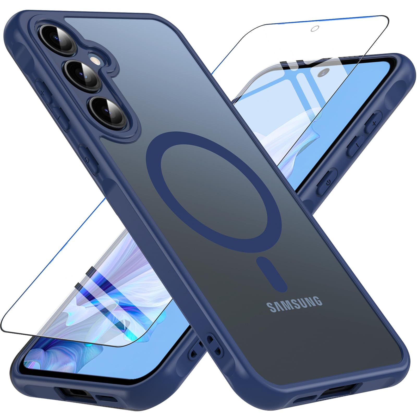 BESINPO Magnetic Shockproof Case for Samsung Galaxy A55 5G - Translucent Matte Military Protection Hard Cover with Tempered Glass (Blue) | Perfect for Daily Use, Outdoor Activities & Travel Protection