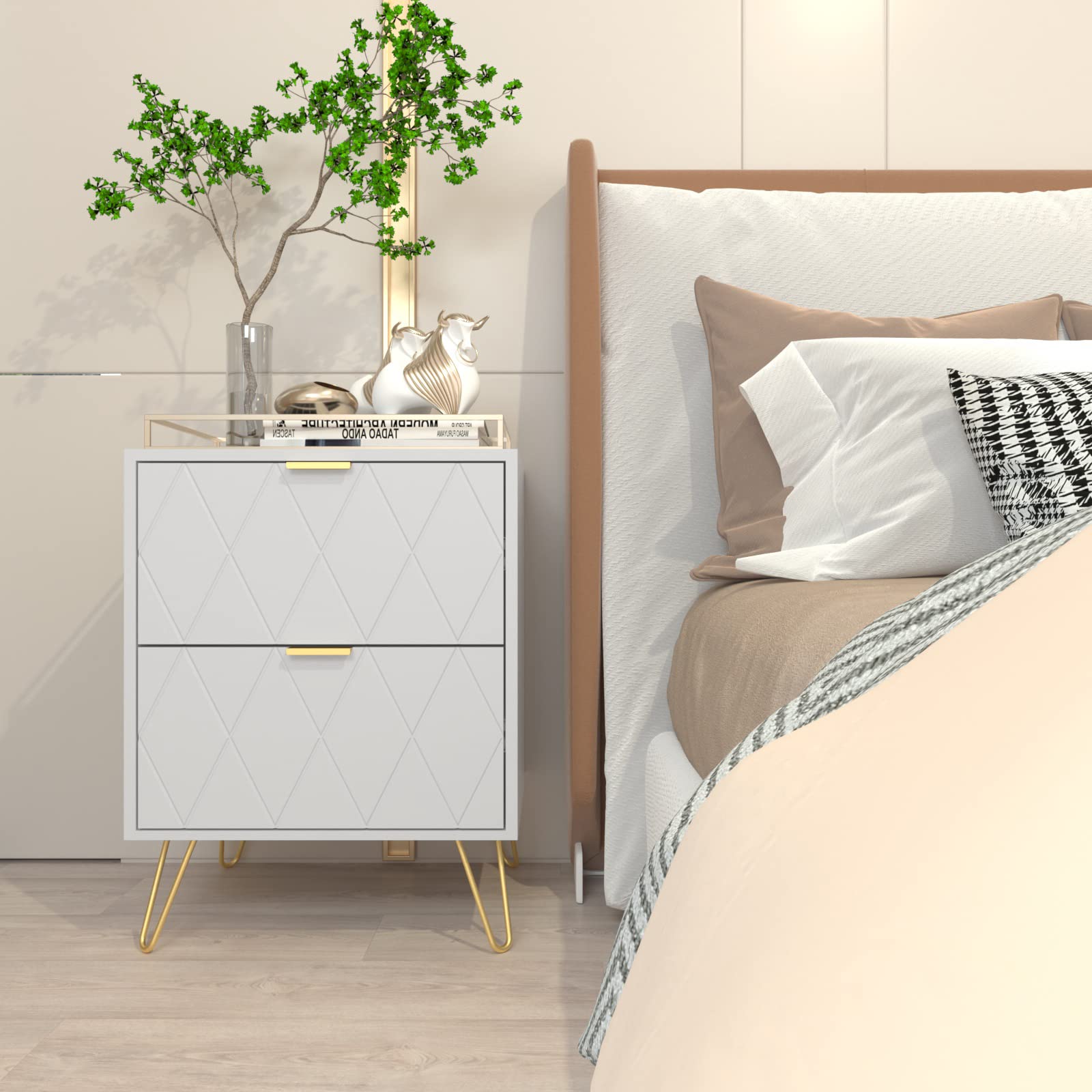 Anbuy White Nightstand Set of 2 - Modern End Tables with 2 Drawers & Gold Metal Legs for Bedroom, Living Room - Perfect for Storing Books, Lamps & Bedside Essentials
