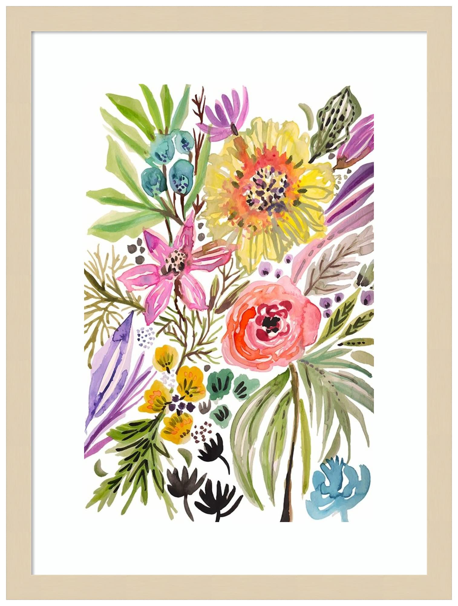 Karen Fields Happy Flowers II Wood Framed Wall Art Print - 16x21 Inches, Svelte Natural Frame - Floral Home Decor for Living Room, Bedroom & Office