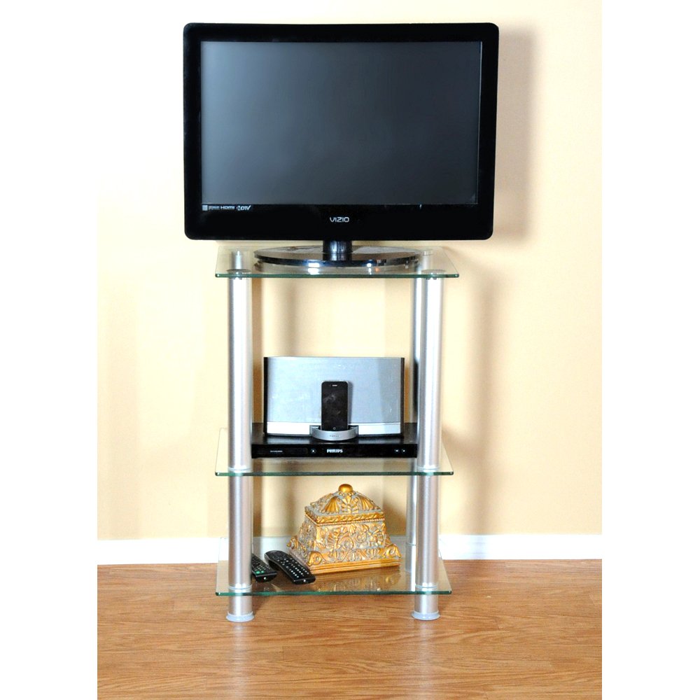 Extra Tall Glass & Aluminum TV Stand - Universal LCD/Plasma TV Table with Storage Shelf - Perfect for 20-32 Inch TVs in Living Room, Bedroom or Office