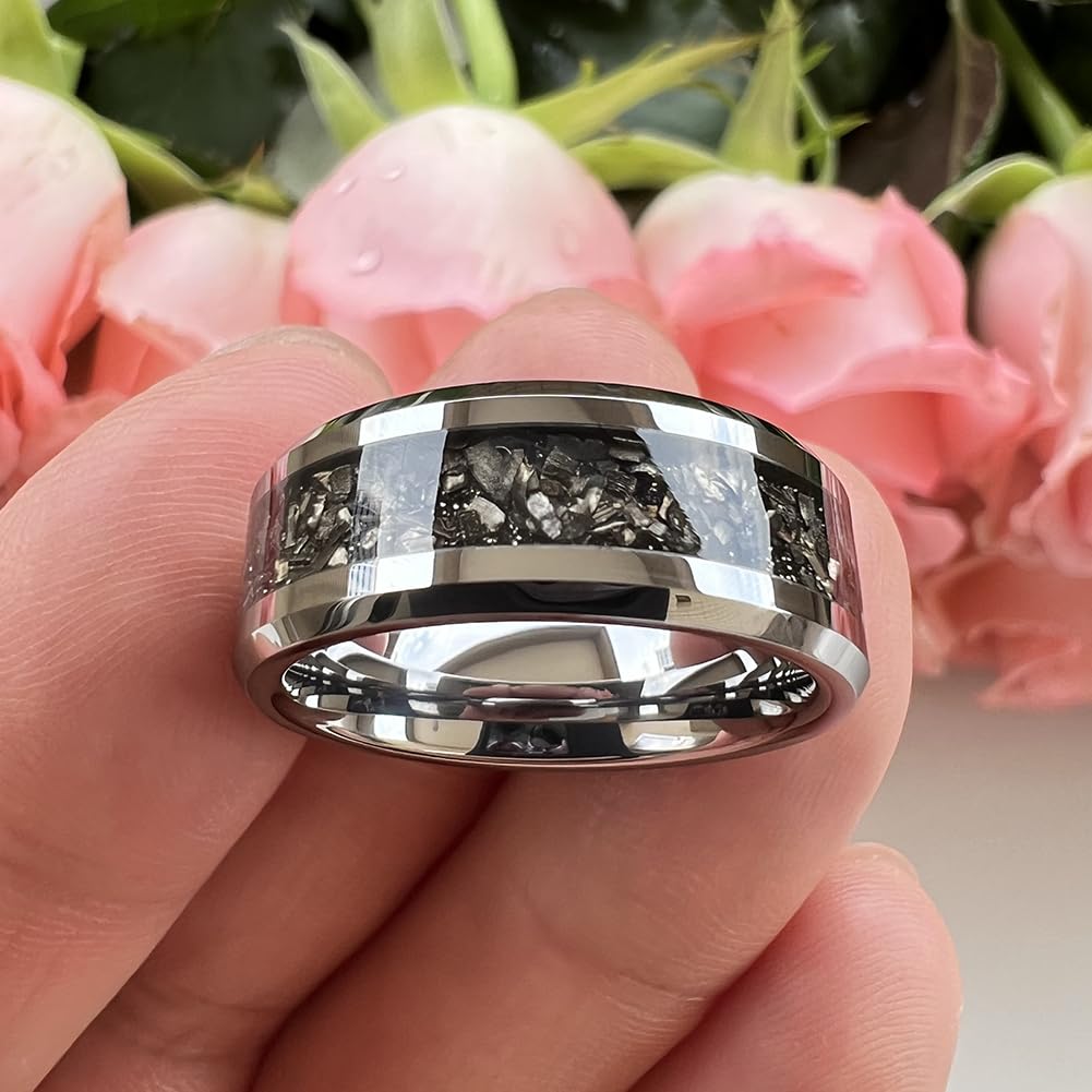 6mm & 8mm Tungsten Wedding Bands for Men & Women - Silver & Black Meteorite Inlay Rings, Comfort Fit, Beveled Edge, Polished Finish - Perfect for Engagement, Promise & Anniversary Gifts