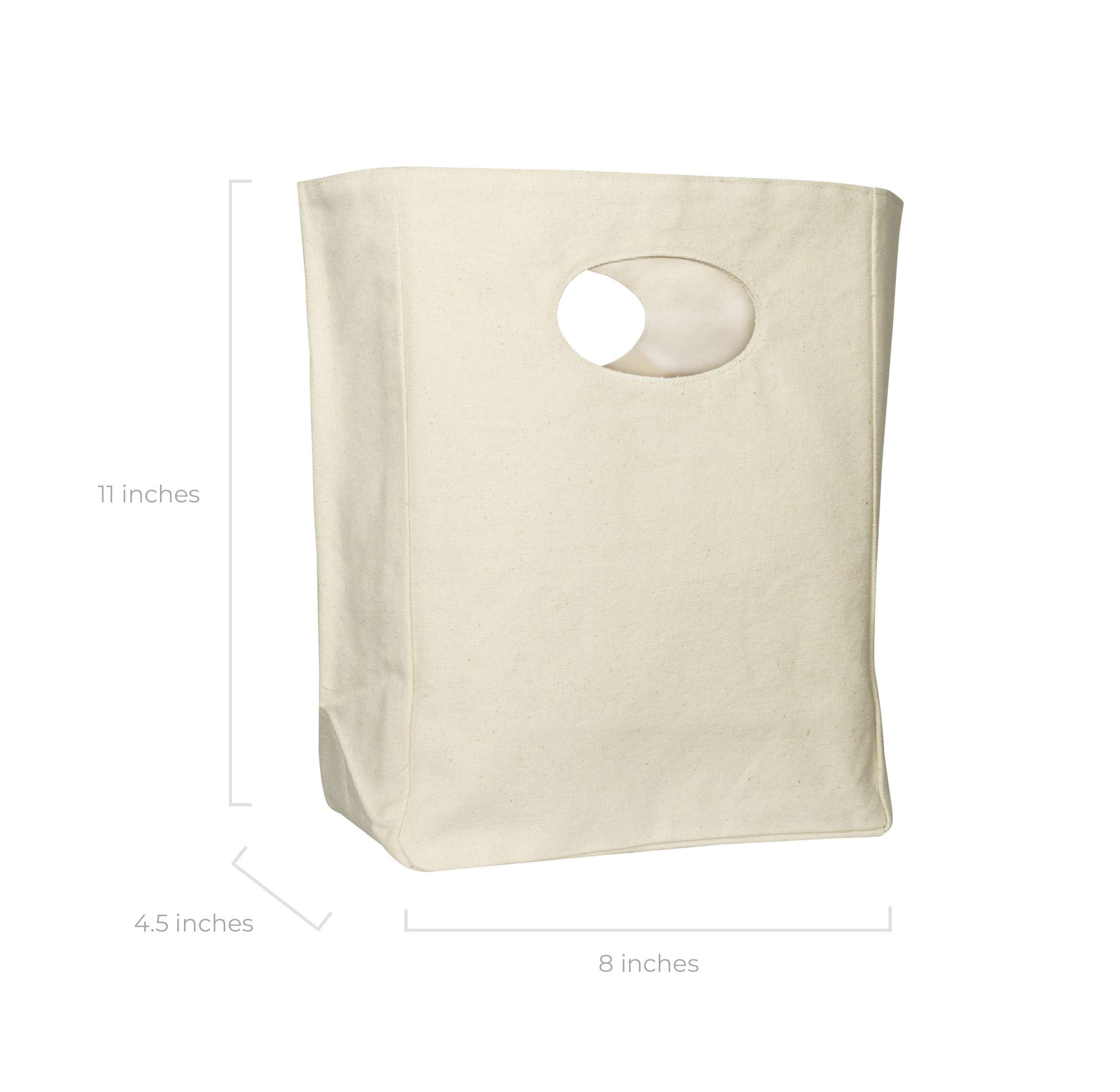 Organic Cotton Canvas Lunch Bag - Eco-Friendly & Machine Washable Reusable Lunch Tote for Men, Women & Kids - Water Resistant Easy Clean Food Container - Perfect for School, Work, Picnics & Outdoor Activities (White with Black Print - 2 Pack)