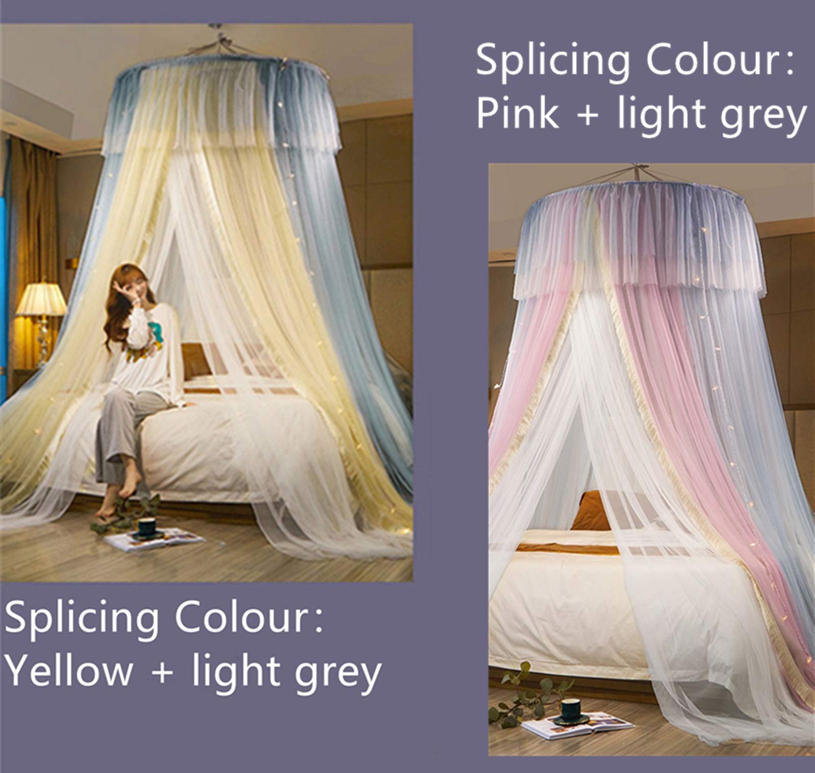 Princess Bed Canopy for Girls - Double Layer Sheer Mesh Dome Bed Curtain with Round Lace, Mosquito Net Tent for Twin Full Queen King Size Beds (Pink/Grey/White) - Perfect for Kids' Bedrooms, Nursery Decor, and Fairy Tale Themed Parties