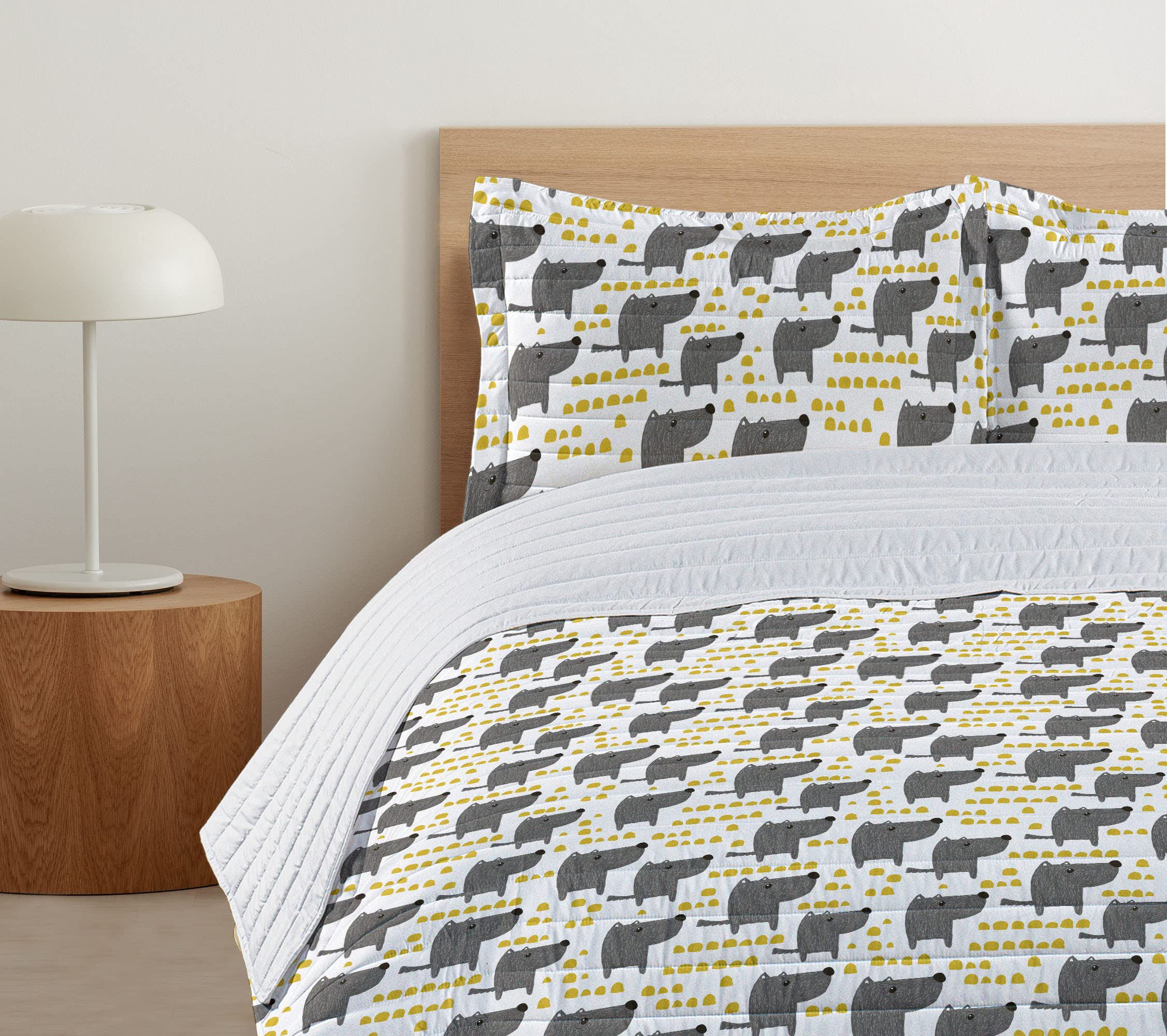 Ambesonne King Size Dog Themed Microfiber Bedspread Set - Abstract Yellow Dots & Grey Cartoon Pet Design with Matching Pillow Shams & Comforter - Soft Bedding for Dog Lovers' Bedroom Decor (Grey Marigold White)