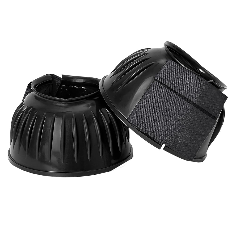 HILASON PVC Ribbed Double Hook and Loop Bell Boots for Horses - Black | Durable Hoof Protection for Riding, Training & Turnout