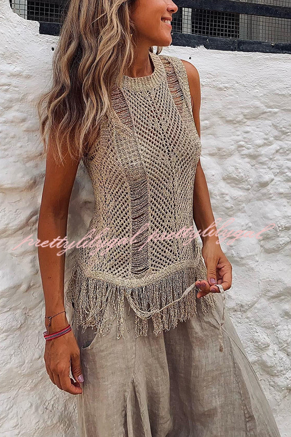 Stylish Thar Desert Sleeveless Tassel Knit Top for Women | Boho Chic Summer Blouse | Perfect for Beach Vacations & Music Festivals