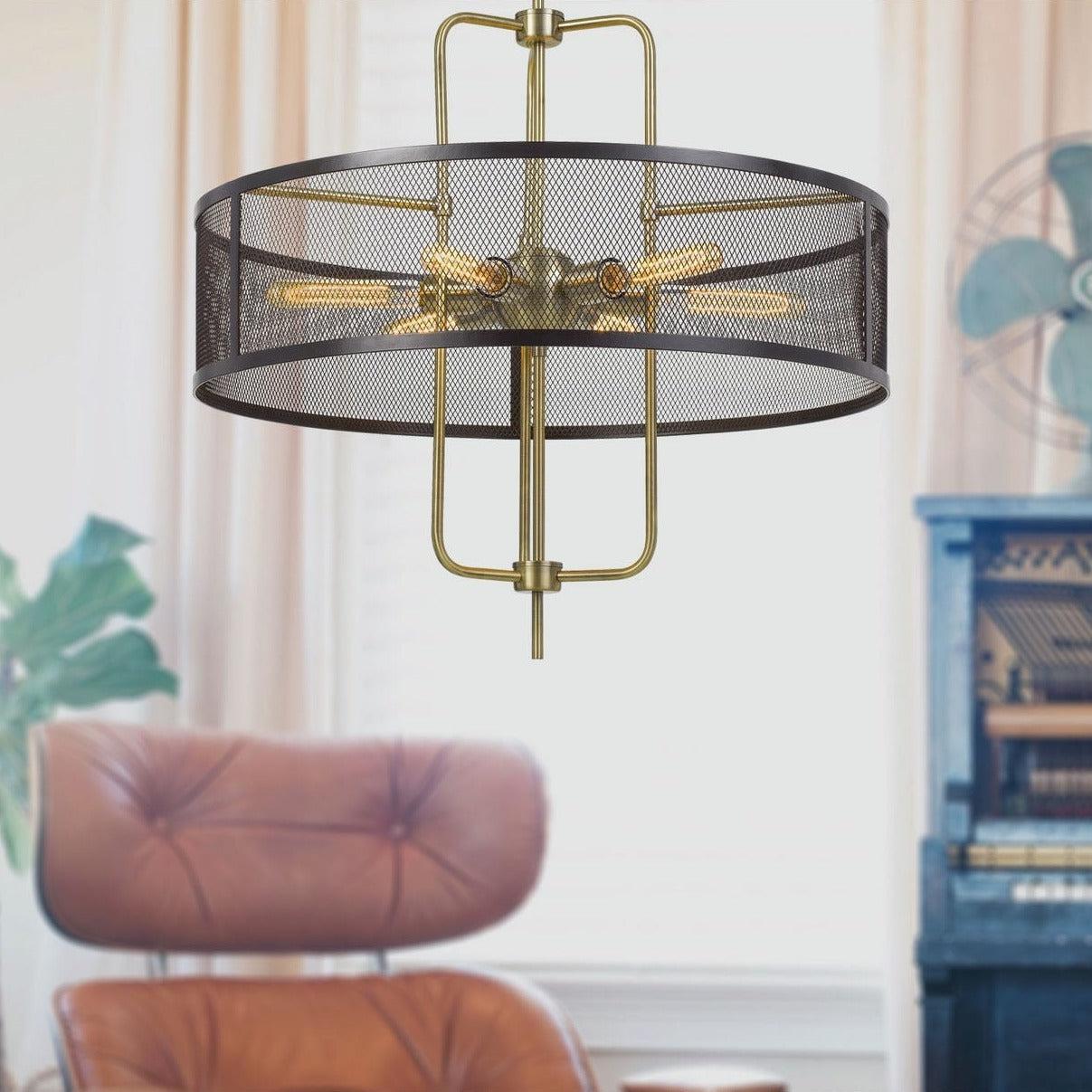 60W Leiden Metal Chandelier with Mesh Shade - 6-Light Modern Farmhouse Ceiling Fixture for Dining Room, Living Room & Bedroom Lighting