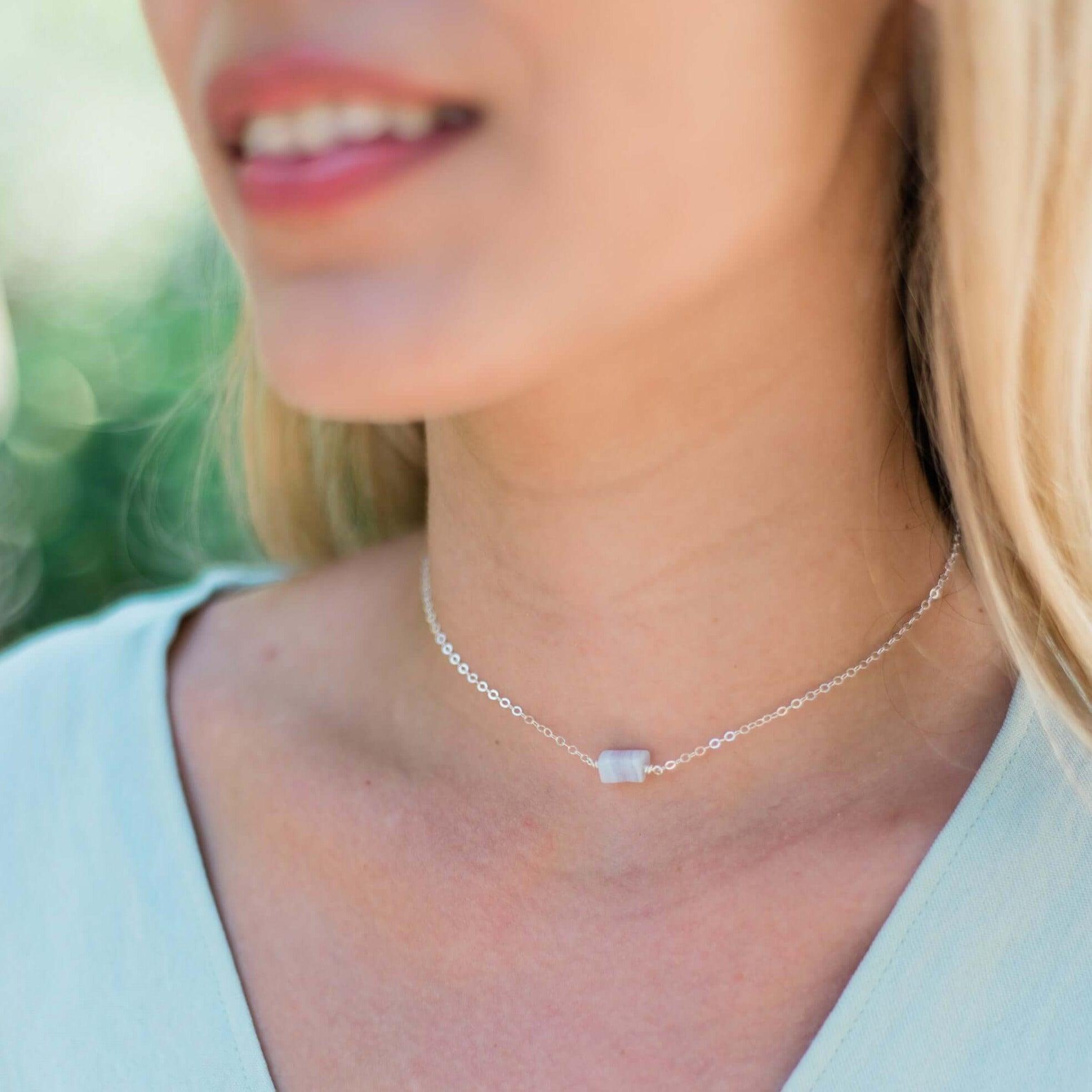 Raw Blue Lace Agate Crystal Nugget Choker Necklace - Natural Healing Stone Jewelry for Women - Perfect for Meditation, Yoga & Boho Fashion