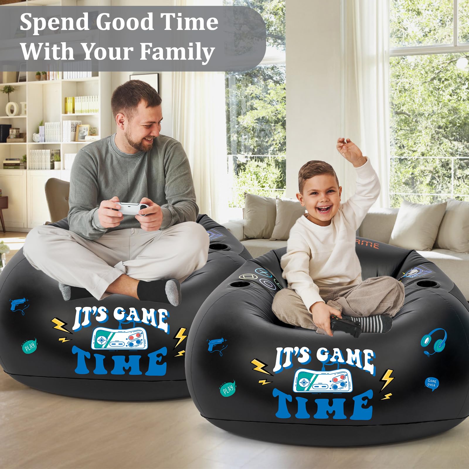 Inflatable Gaming Chair for Kids & Teens - Portable Floor Bean Bag Chair with Cup Holder & Side Pocket | Boys Room Furniture, Gaming Couch for Bedroom Decor | Perfect for Video Games, Movie Nights & Sleepovers