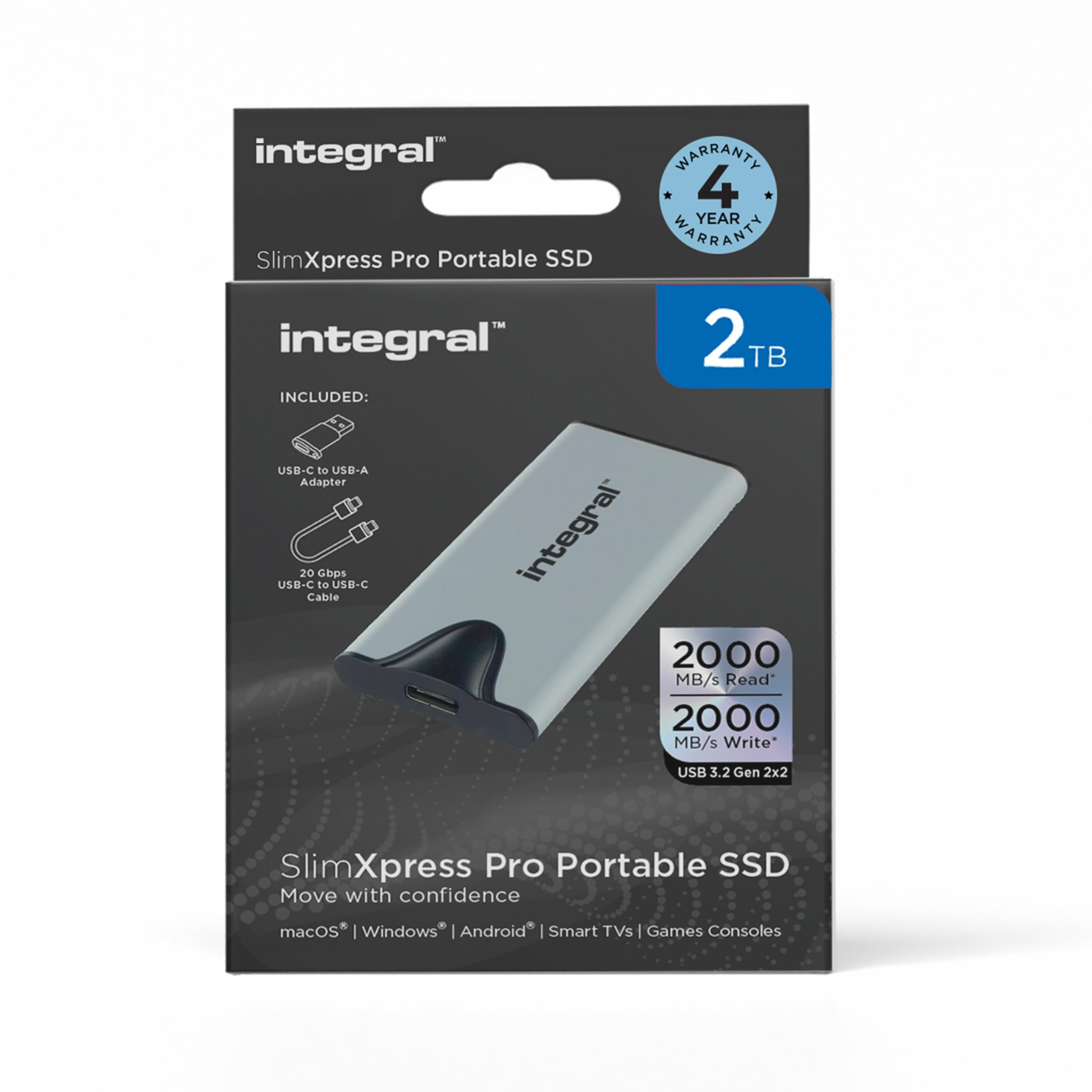 Integral SlimXpress Pro 2TB Portable SSD - Ultra Fast 2000MB/s Read/Write Speed, USB 3.2 Gen 2x2, Compact Aluminum Design for Mac/PC/Android/XBOX/PS5 - Perfect for Gaming, 4K Video Editing & External Storage Solutions