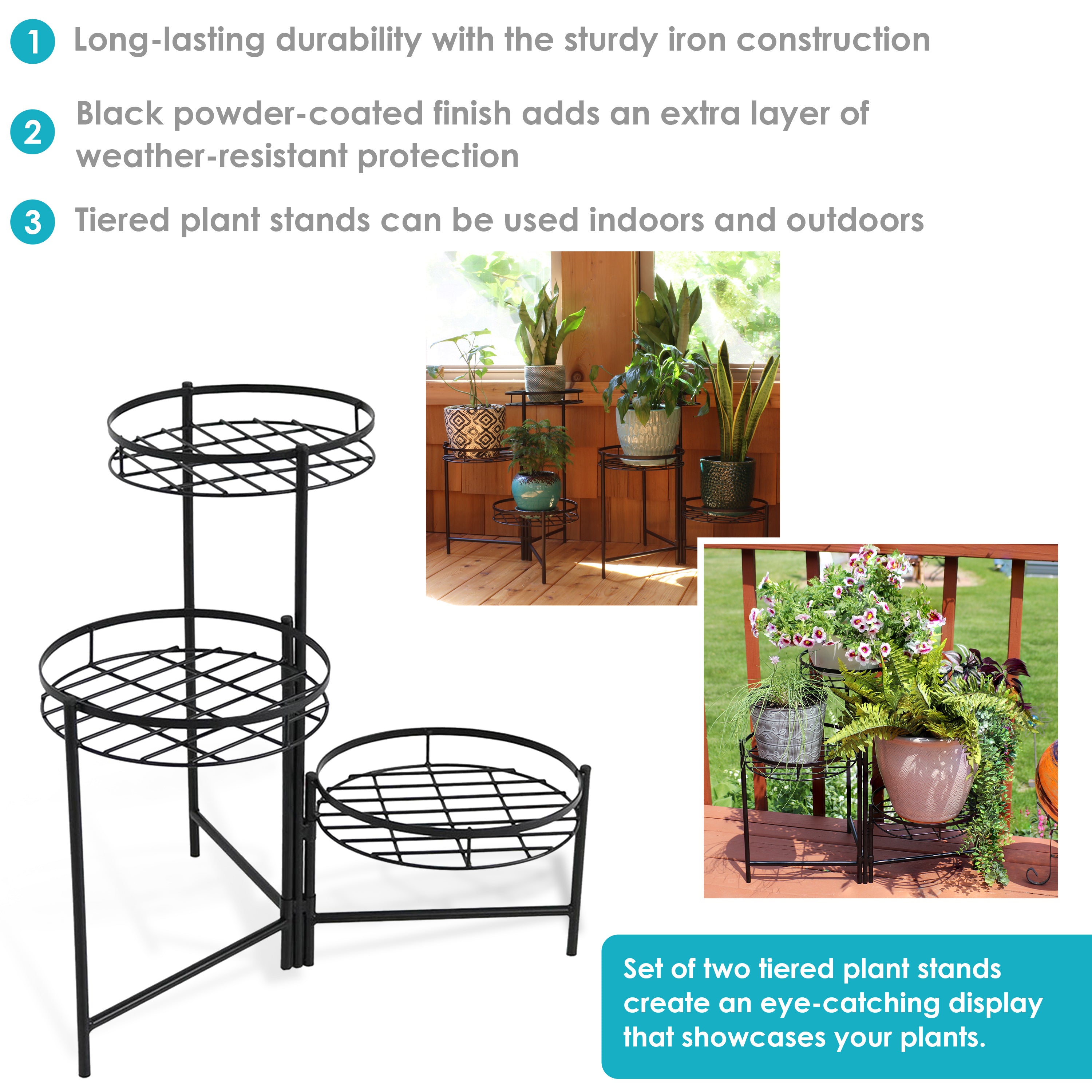 Black 3-Tiered Plant Stand Set of 2 - 22 Inch Height - Perfect for Indoor/Outdoor Garden Decor, Patio, Balcony & Home Organization