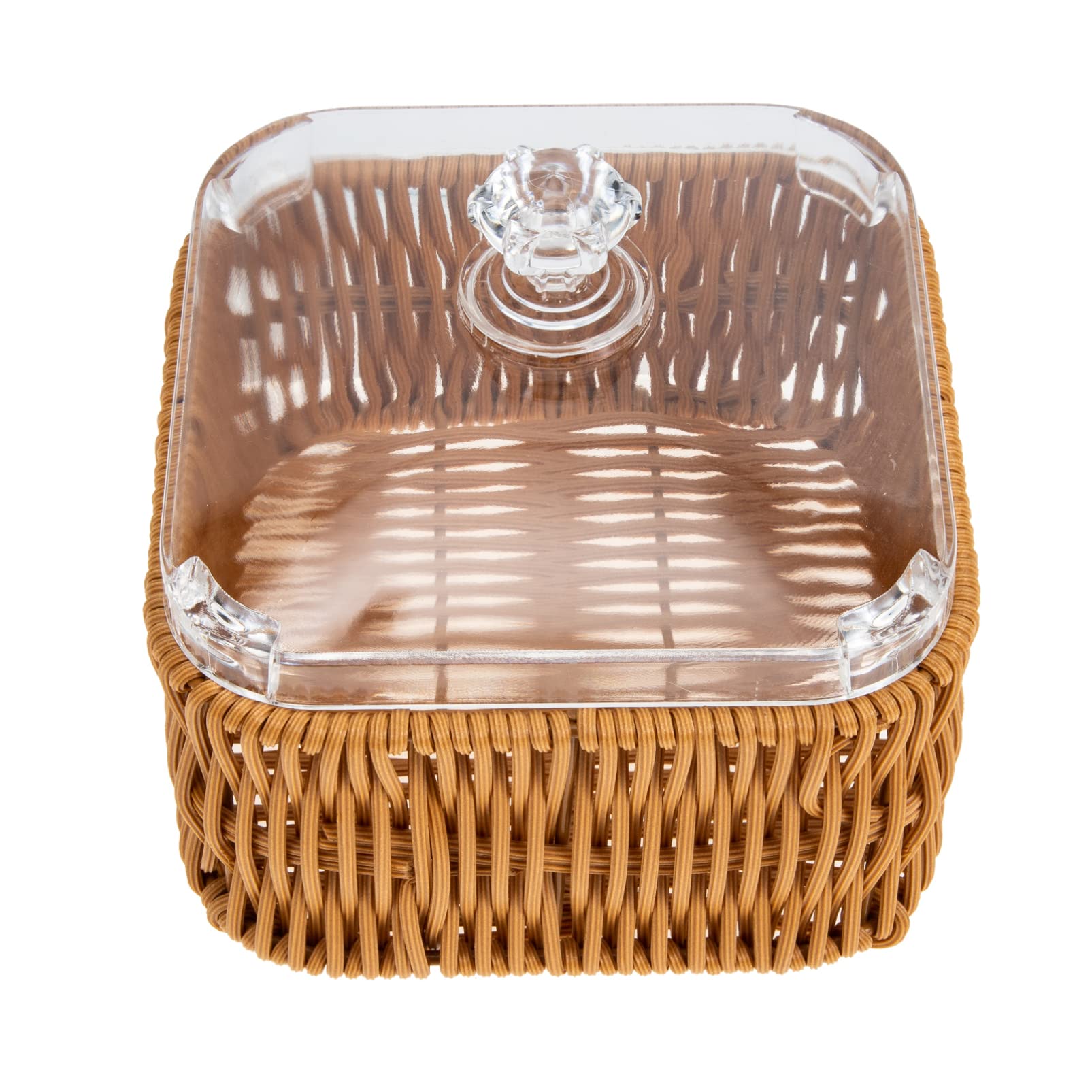 DOITOOL Handmade Square Woven Rattan Bread Basket with Acrylic Dome Cover - Food Serving Basket for Bread, Snacks, Fruits & Vegetables | Perfect for Kitchen Storage, Dining Table Display & Party Serving