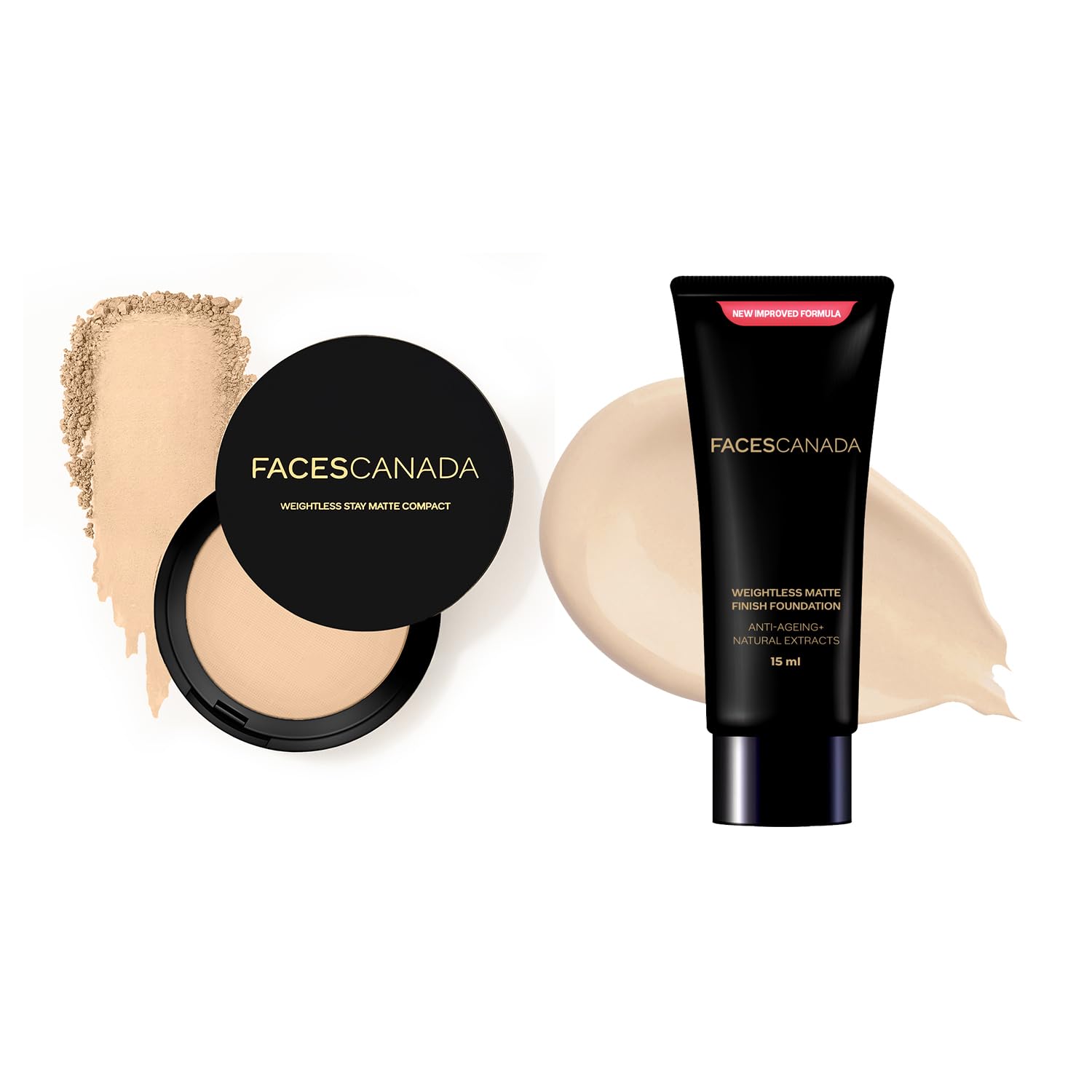 FACESCANDA Weightless Stay Matte Compact with Vitamin E & Shea Butter, SPF 20 - Natural Beige (9g) & Matte Finish Foundation Mini (18ml, Ivory) for All Skin Types | Oil Control, Daily Wear, Natural Coverage Makeup for Work & Special Occasions