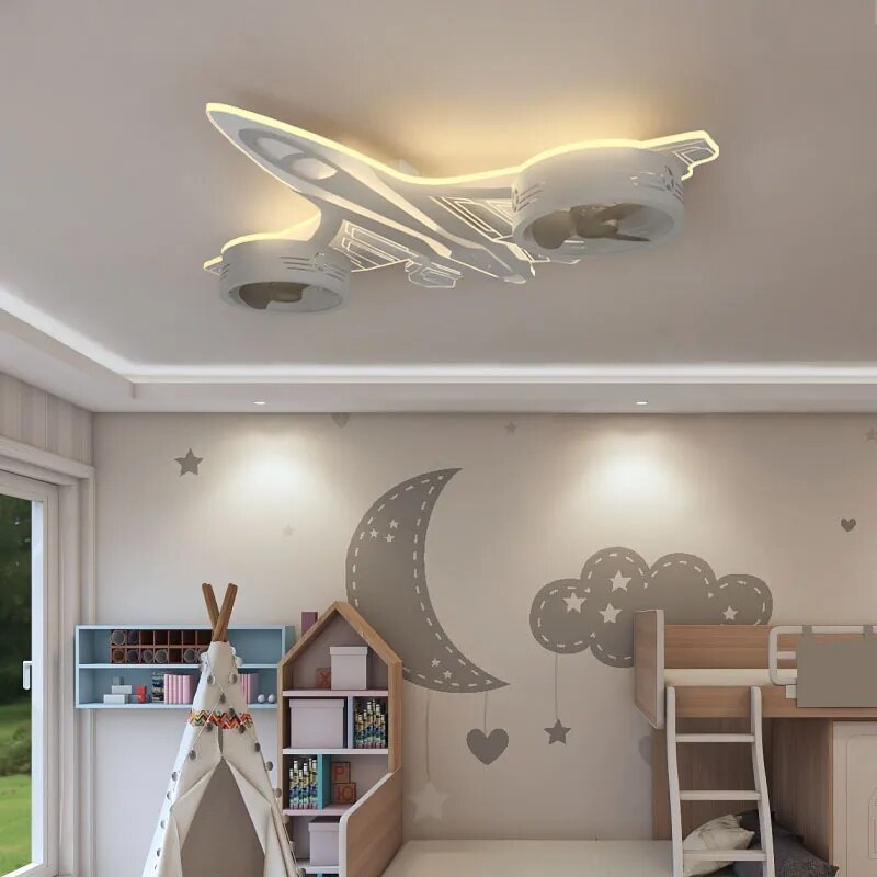 Kids Airplane Ceiling Light with Fan - Light Grey | Bedroom & Nursery Decor for Boys & Girls