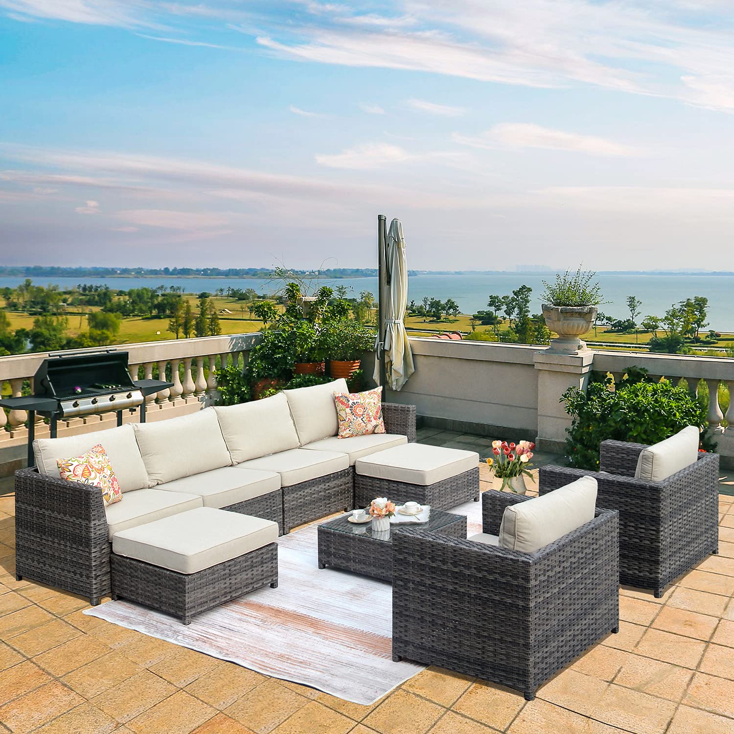 XIZZI 9-Piece Patio Furniture Set, No Assembly Outdoor Sectional Sofa - All-Weather PE Rattan Wicker with 2 Pillows (Grey Wicker & Beige Cushion) for Backyard, Poolside, or Garden Relaxation