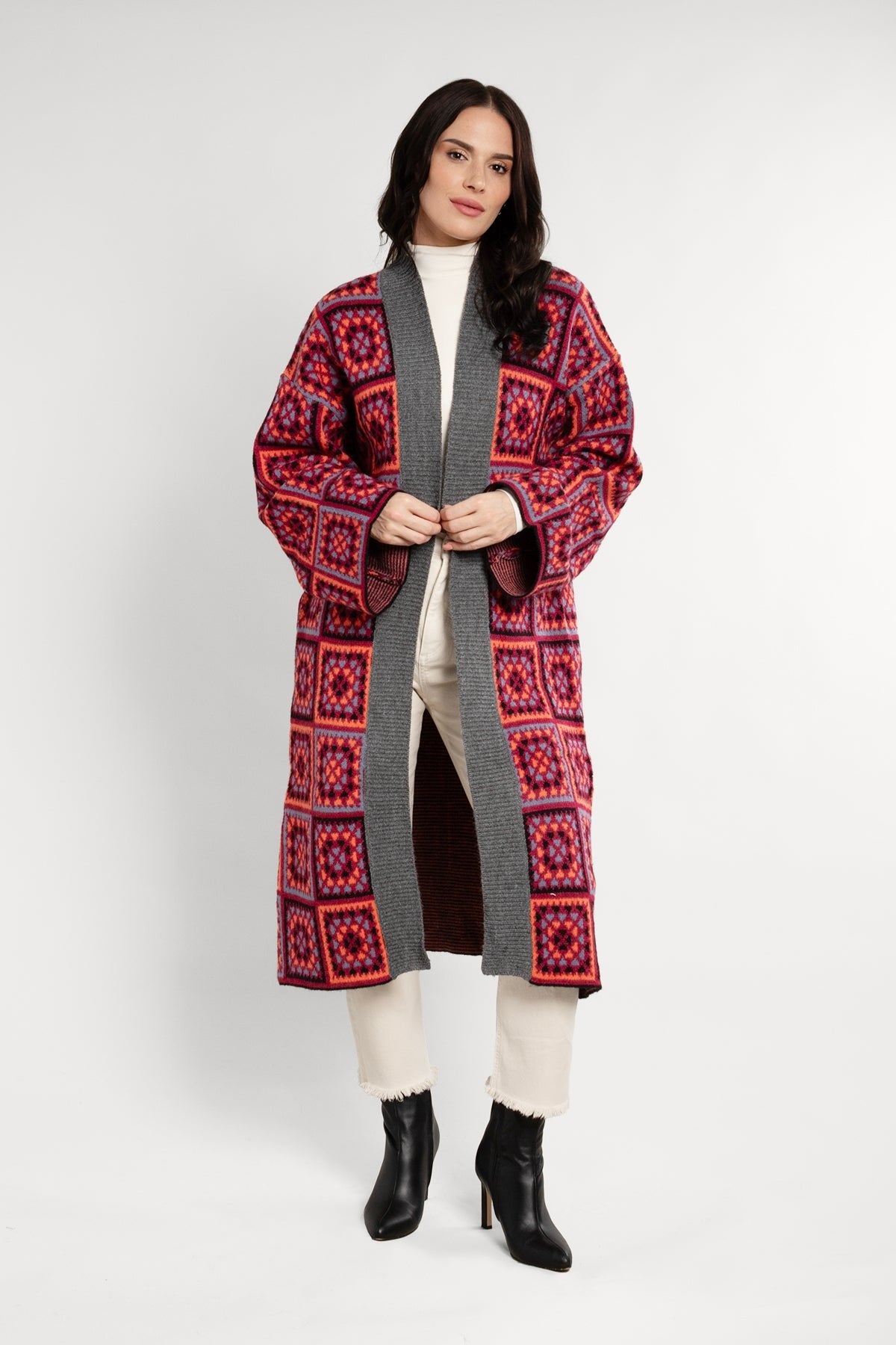 Cozy Knitted Kimono Cardigan - Long Square Patch Design for Women | Perfect for Loungewear, Yoga, and Relaxing at Home
