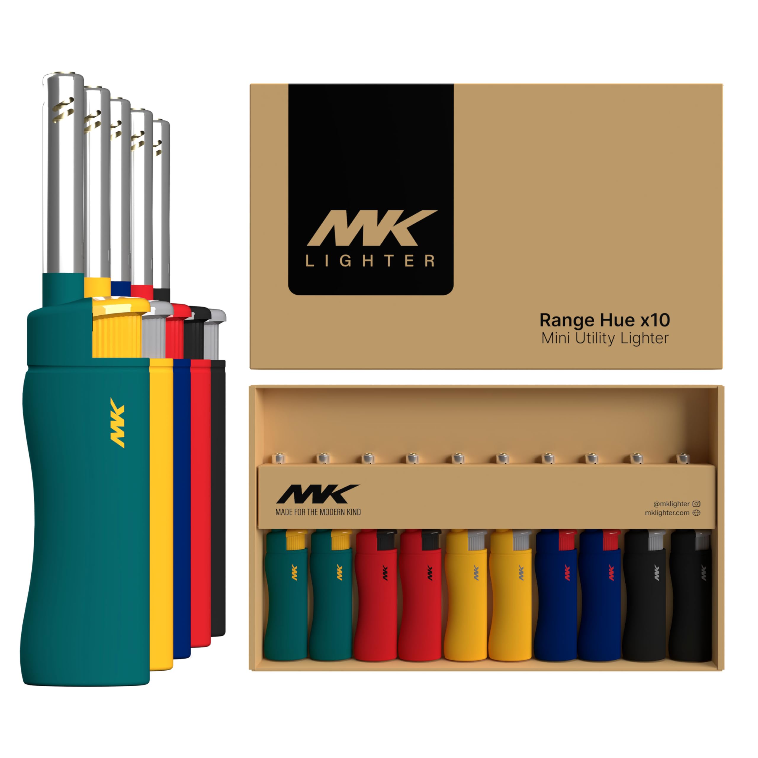 MK Windproof Refillable Butane Lighter 10-Pack - Multipurpose Candle Lighter for BBQ, Camping, Outdoor Use - Long Reach Flame for Fireplaces, Grills, Candles & More (3BL HUE)
