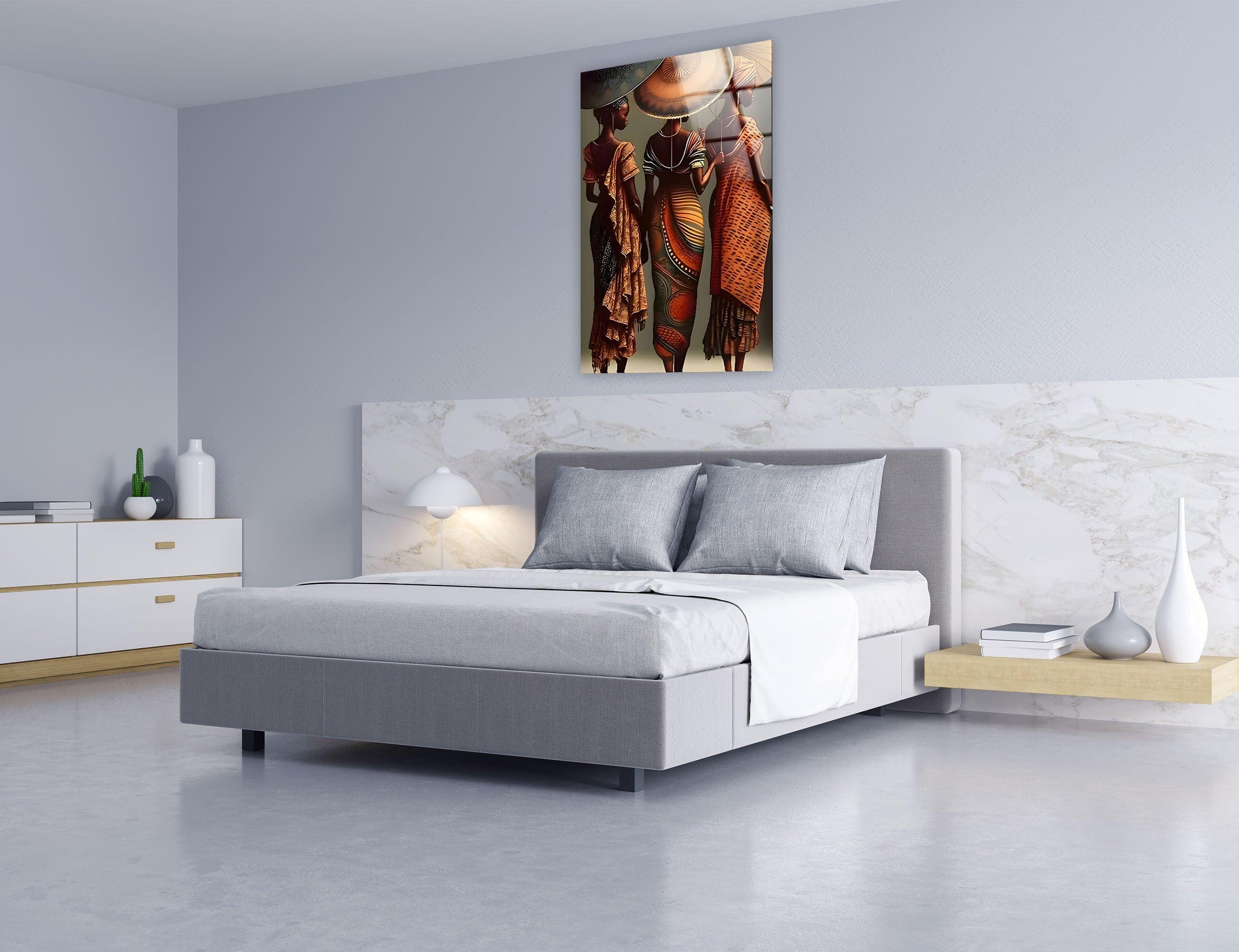 African Woman with Umbrella Glass Wall Art - Elegant Home Decor for Living Room, Bedroom & Office - Unique Handmade African Artwork for Wall Display