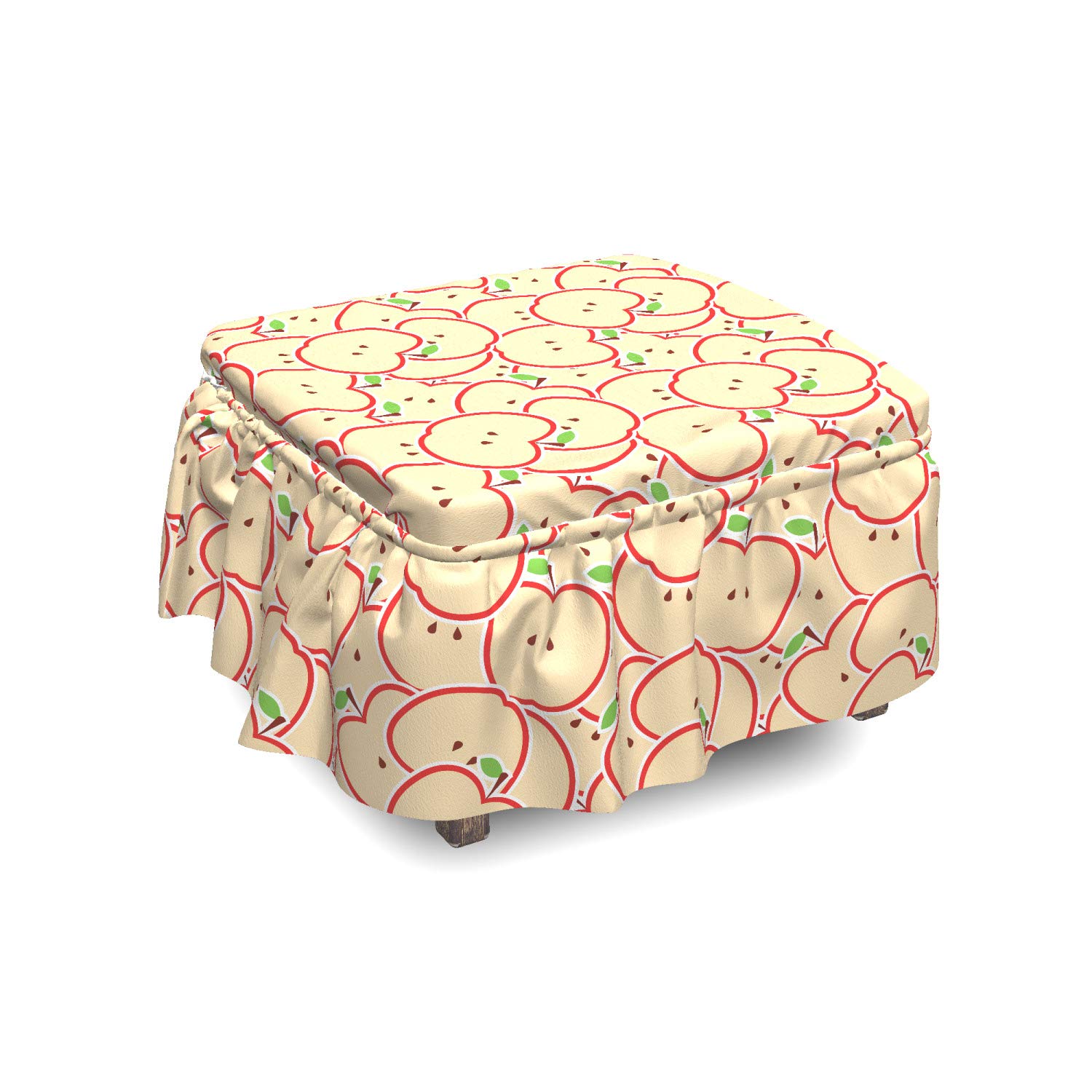 Ambesonne 2-Piece Fruit Ottoman Slipcover Set with Ruffle Skirt - Modern Apple, Beige & Red Fruit Illustration - Fits Square/Round Cube Footstools - Home Decor Accent for Living Room, Bedroom & Nursery