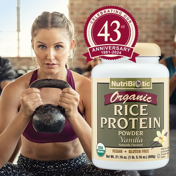 NutriBiotic Organic Rice Protein Powder Vanilla Flavor, 1 Lb 5 Oz - Vegan, Keto Friendly, Gluten Free, Non-GMO, Kosher Certified | Low Carb Plant-Based Protein Supplement for Smoothies, Baking & Post-Workout Recovery | Easy Digestible & Chemical-Free Formula