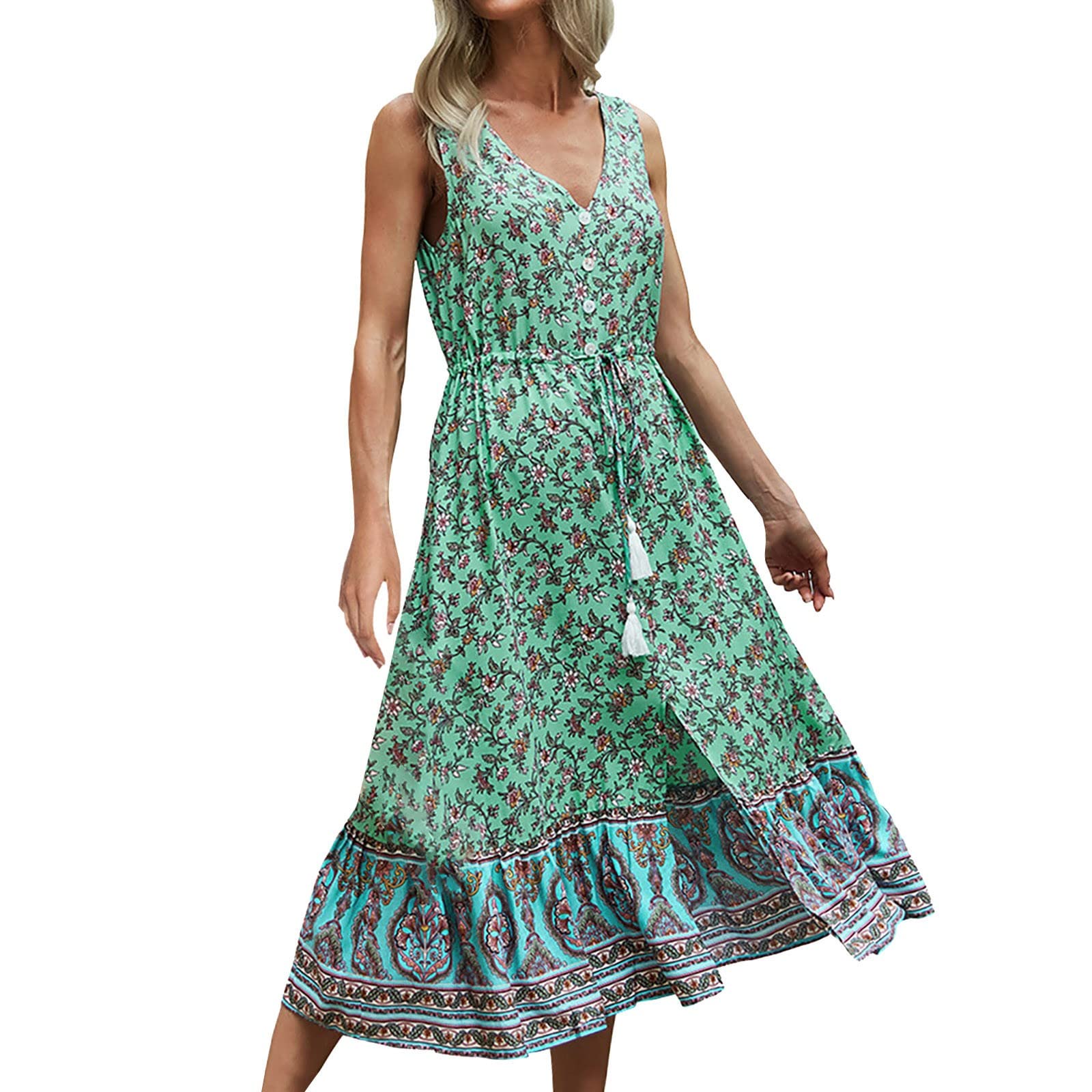 Women's Floral Print Casual Dress with Waist Tie - Resort Style Strap Vest for Summer Beach Vacation & Outdoor Parties