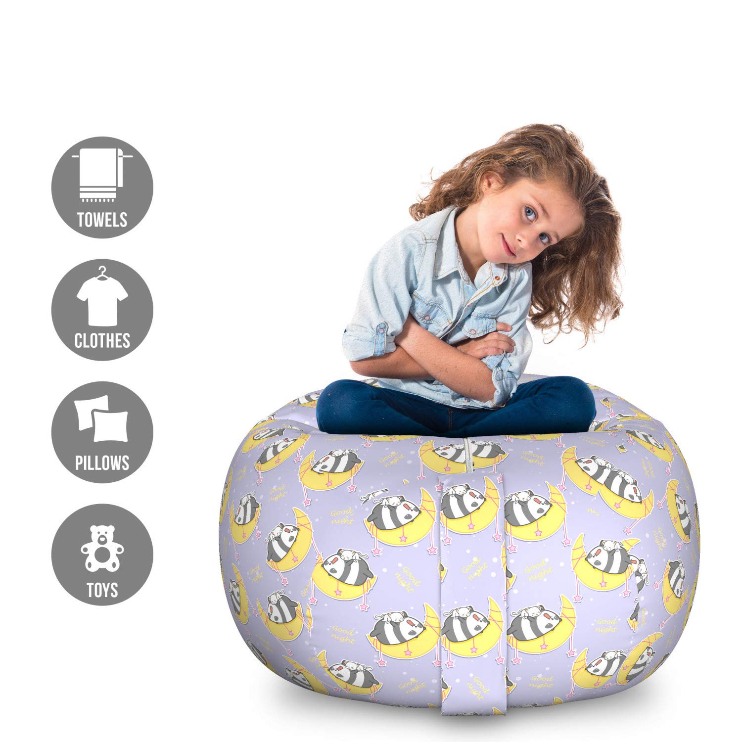 Ambesonne Large Washable Stuffed Animal Storage Bag - Toy Organizer Chair with Lazy Cat & Panda Sleeping on Moon & Stars Design, Mustard Purple - Perfect for Kids' Room, Nursery, and Playroom Organization