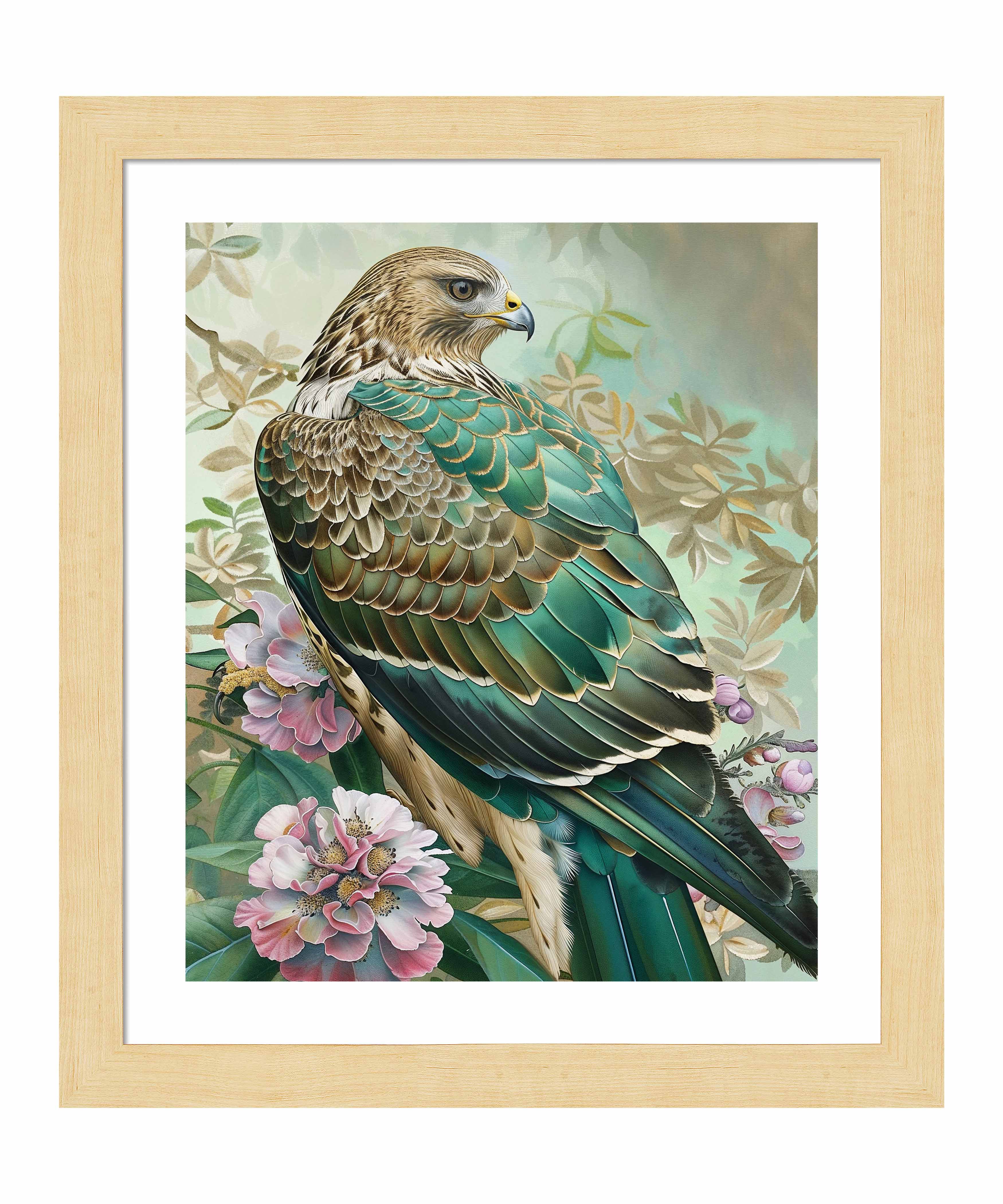 Emerald Majesty Hawk Amidst Blossoms Wall Art Print - Stunning Nature Wildlife Decor for Living Room, Bedroom & Office