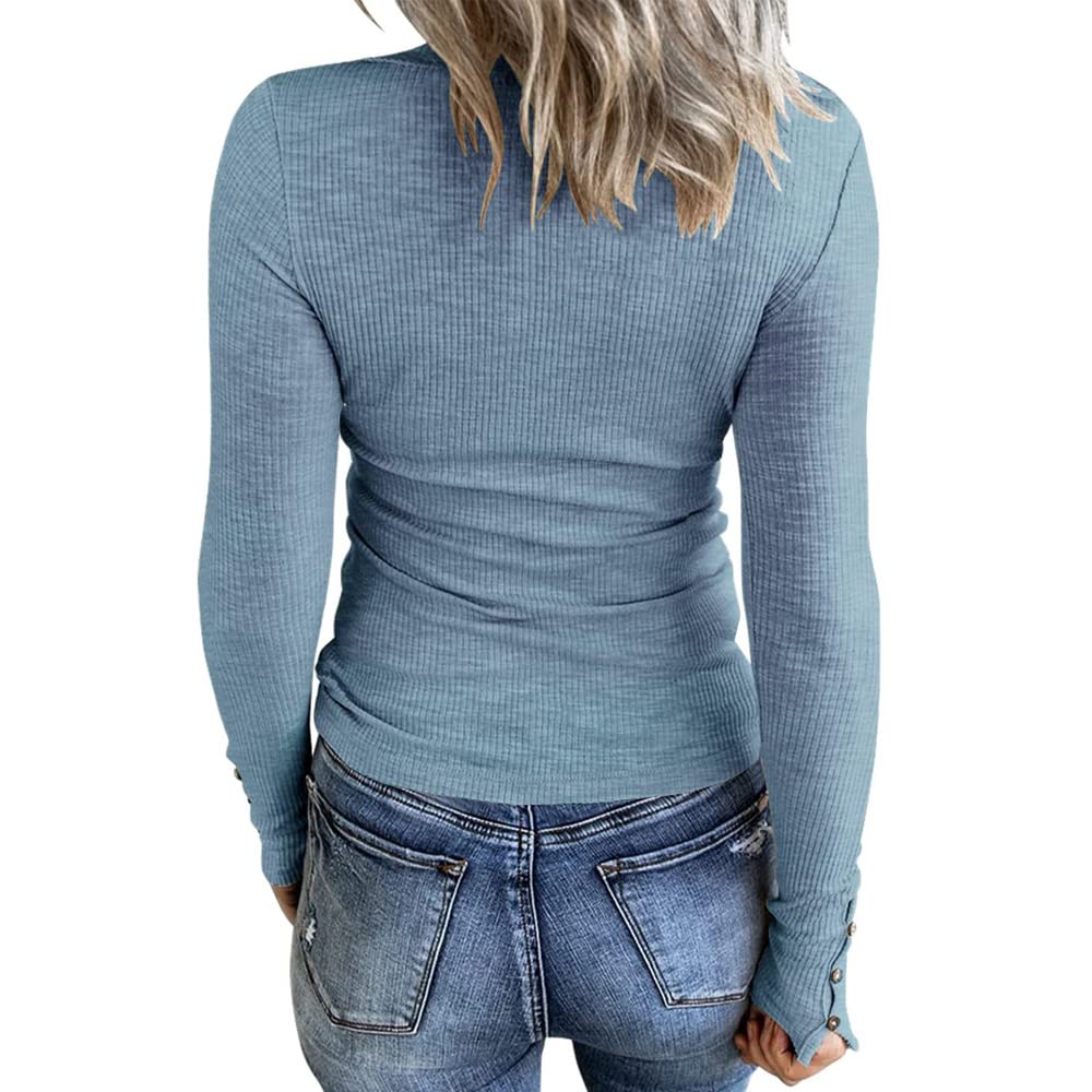 OUNAYA Women's V Neck Henley Long Sleeve T-Shirt with Front Zipper - Ribbed Knit Slim Fit Top for Casual Wear, Work & Date Night Outfits