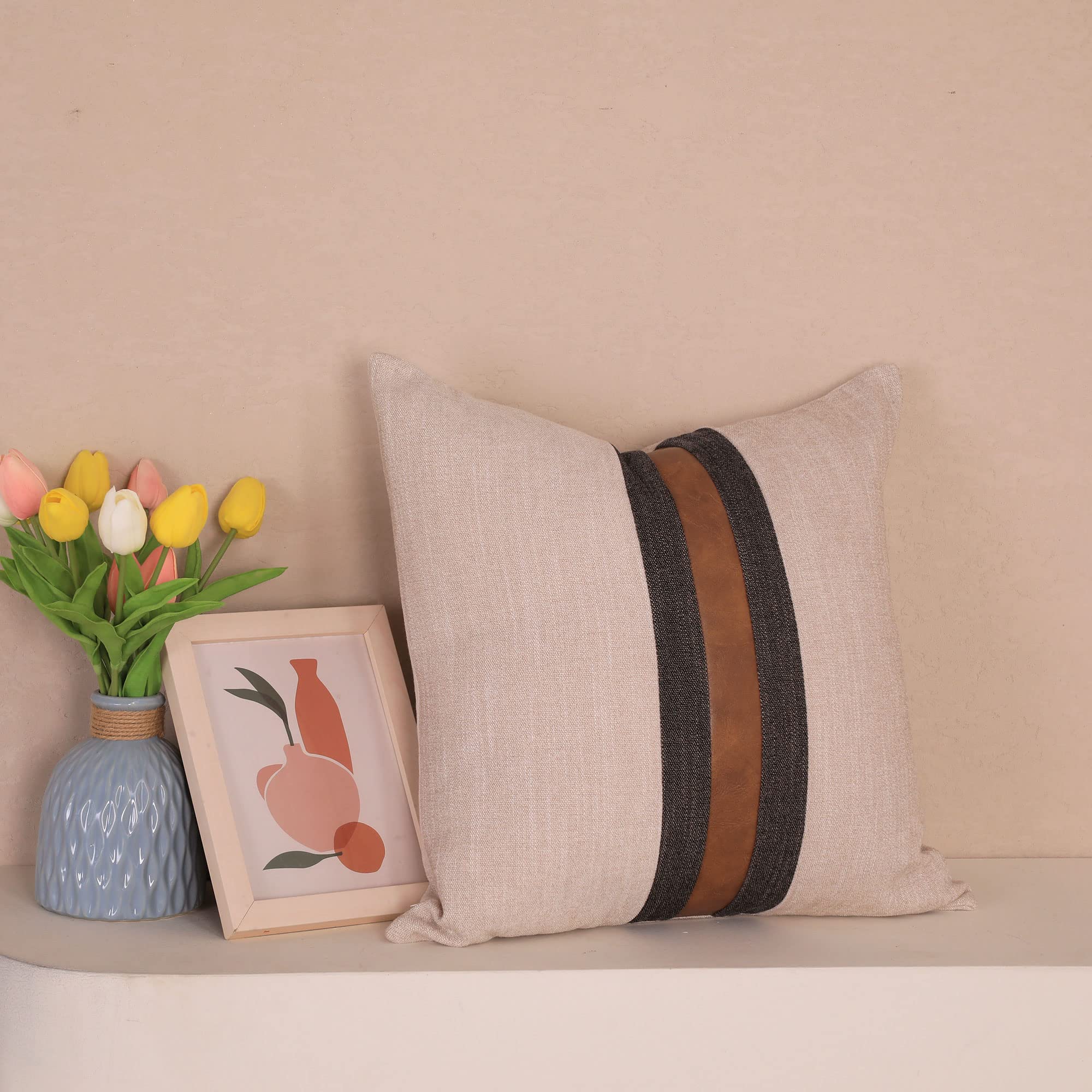 BOYSUM 22x22 Inch Faux Leather Throw Pillow Covers - Farmhouse Decorative Accent Pillows for Couch, Sofa & Bed - Modern Brown Beige Home Decor - Perfect for Living Room, Porch & Outdoor Furniture