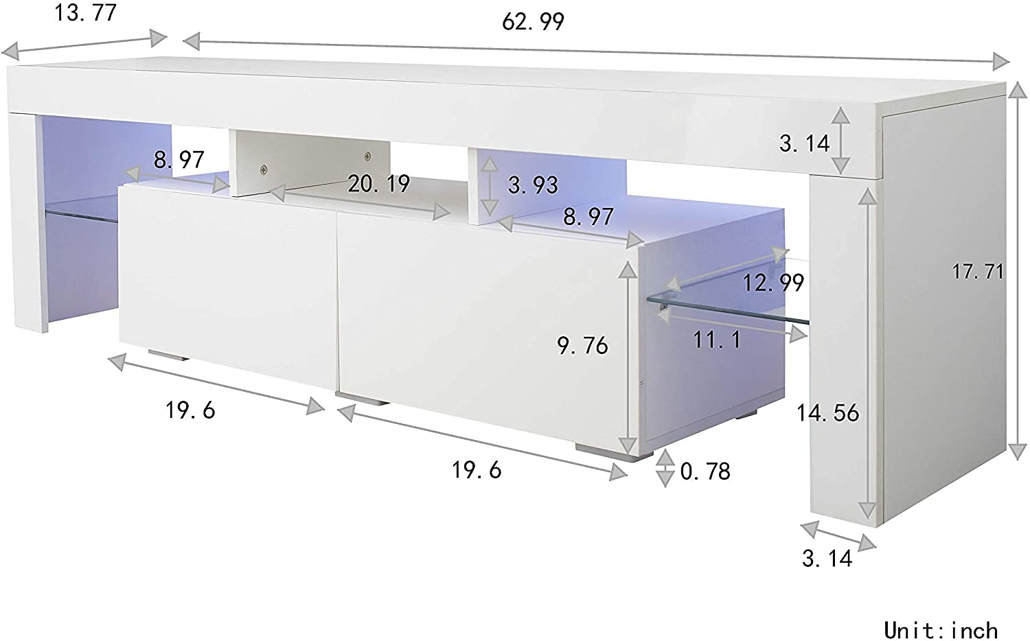 65 Inch TV Stand with LED Lights - Modern High Gloss Entertainment Center & Media Console Table with Storage Cabinet - Perfect for Living Room, Home Theater & Gaming Setup