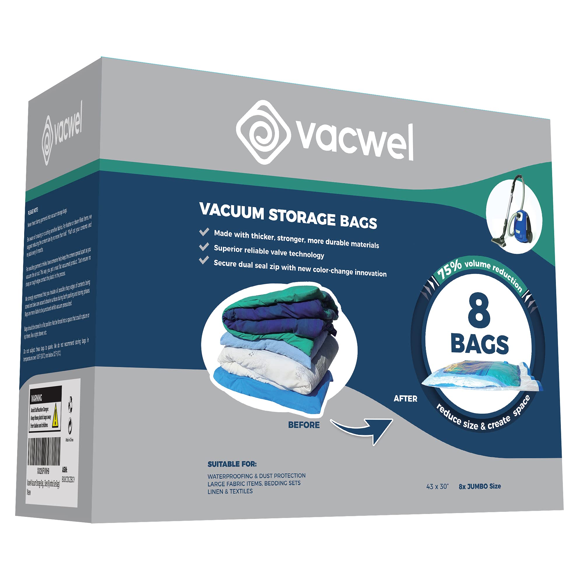 Vacwel 8-Pack Jumbo Vacuum Seal Storage Bags for Clothes, Comforters, Pillows & Blankets - 43 x 30 Inch Extra Large Space Saver Bags with Zip-Lock Seal - Perfect for Seasonal Clothing Storage, Travel Packing & Home Organization (Jumbo Size)