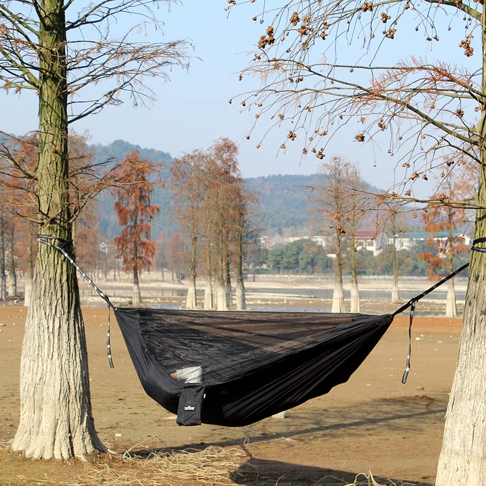 Sunyear Double & Single Camping Hammock with Removable Mosquito Net - Lightweight Portable Nylon Hammock with Tree Straps for Backpacking, Hiking, Travel and Outdoor Adventures - Perfect for Camping, Beach Trips and Backyard Relaxation