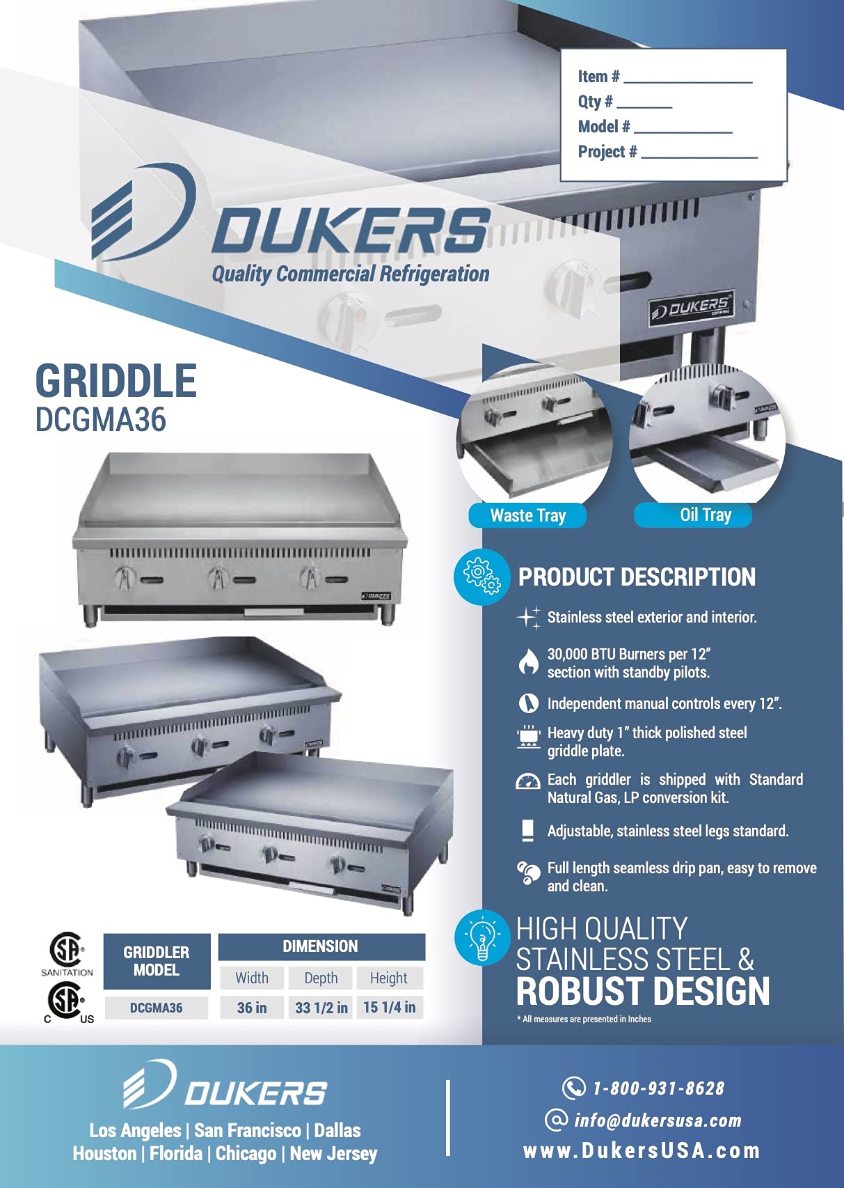 Dukers DCGMA36 36-Inch Commercial Countertop Gas Griddle - 30,000 BTU, 1 Burner, NG/LPG (Natural Gas/Propane) with 1-Inch Plate & Manual Controls - Perfect for Restaurants, Food Trucks, and Outdoor Cooking