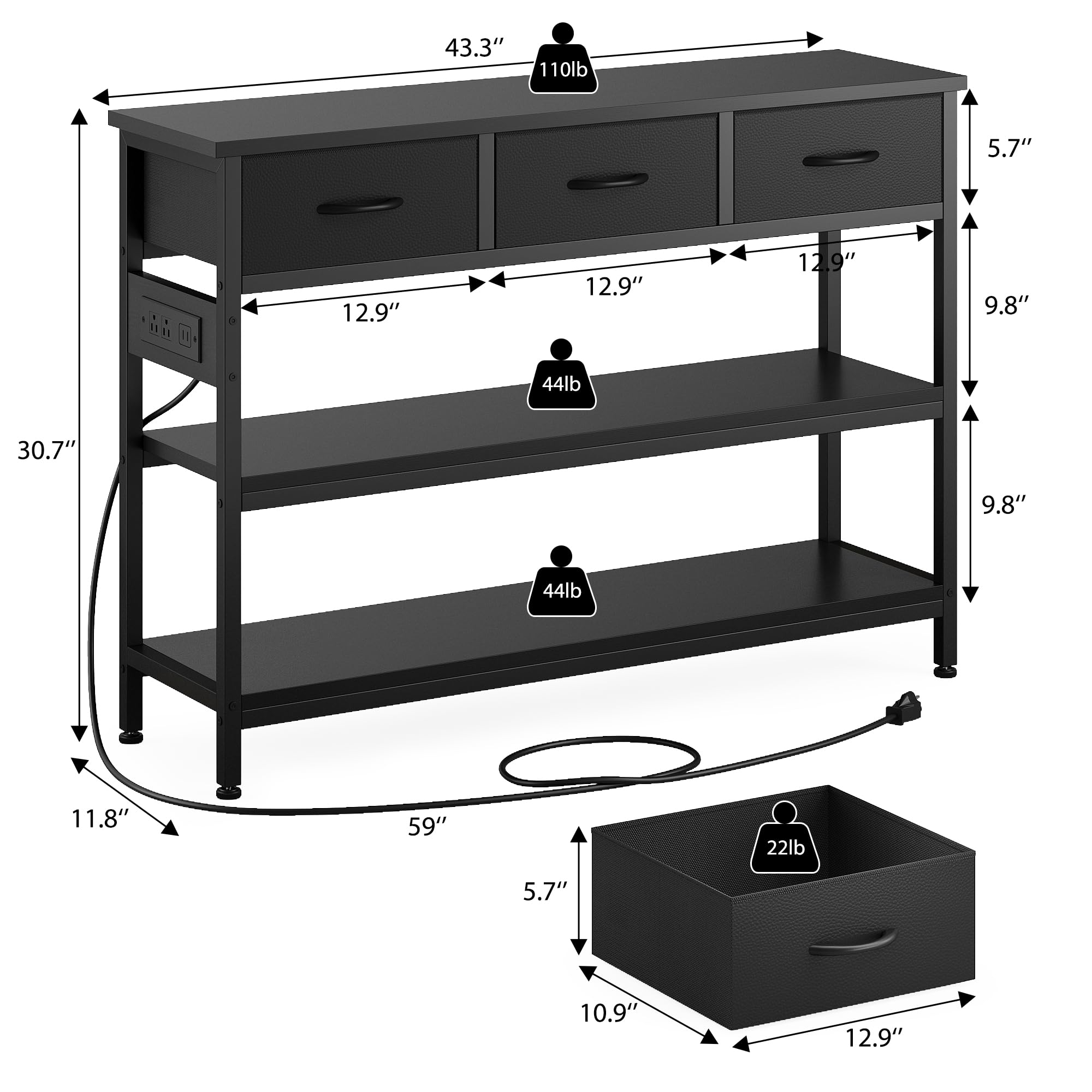 Lulive Modern Entryway Console Table with 3 Fabric Drawers & Built-in Power Outlets - Adjustable Height Sofa Table (43