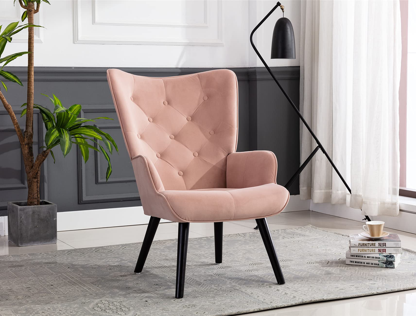 Baysitone Modern Velvet Accent Chair - High Back Comfort Lounge Chair for Living Room, Bedroom & Office - Soft Upholstered Compact Side Chair (Pink) - Perfect for Reading Nook, Small Spaces & Home Decor