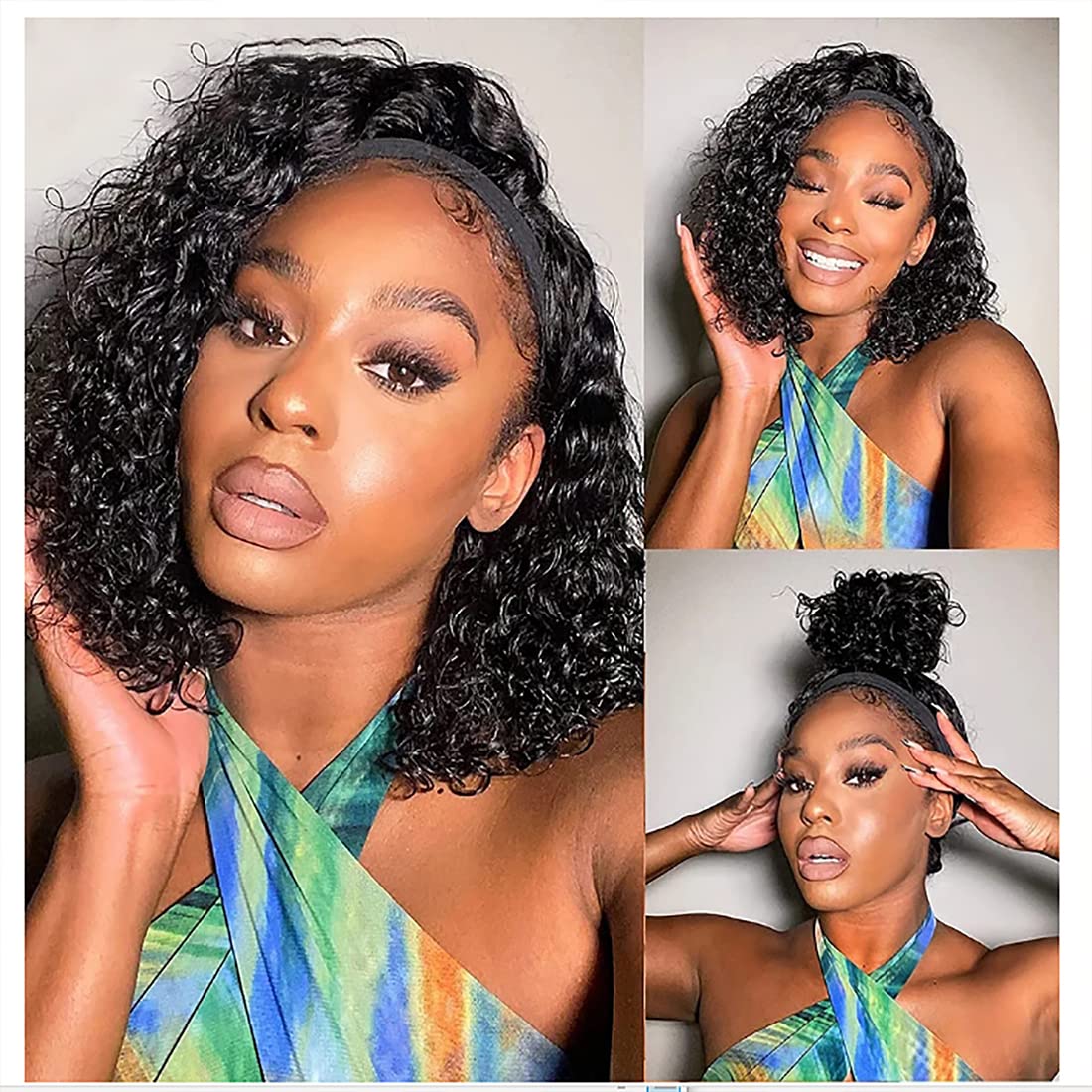 Deep Wave Headband Wig 12 Inch Human Hair - Glueless No Lace Front Brazilian Virgin Hair Wig for Black Women (150% Density, Natural Black) - Perfect for Daily Wear, Parties & Protective Styling