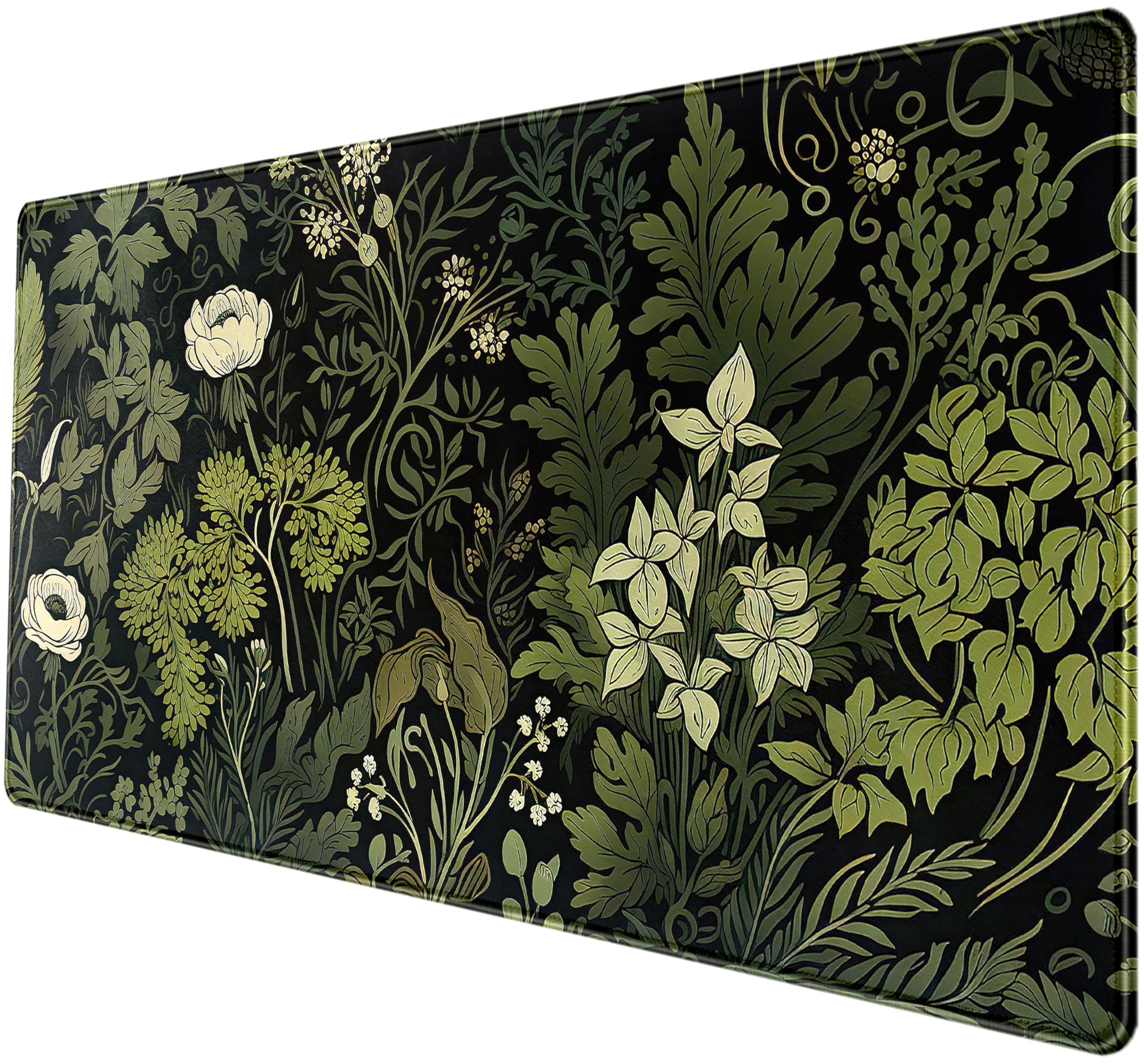 Large XXL Green Leaves Desk Mat - Beige Plants Mouse Pad with Fresh Foliage Design, 31.5x15.75 Inch Extended Keyboard Mat for Laptop & Wireless Mouse - Aesthetic Black Desktop Mat for Office, Home or Gift (Perfect for Women's Workspace & Home Decor)