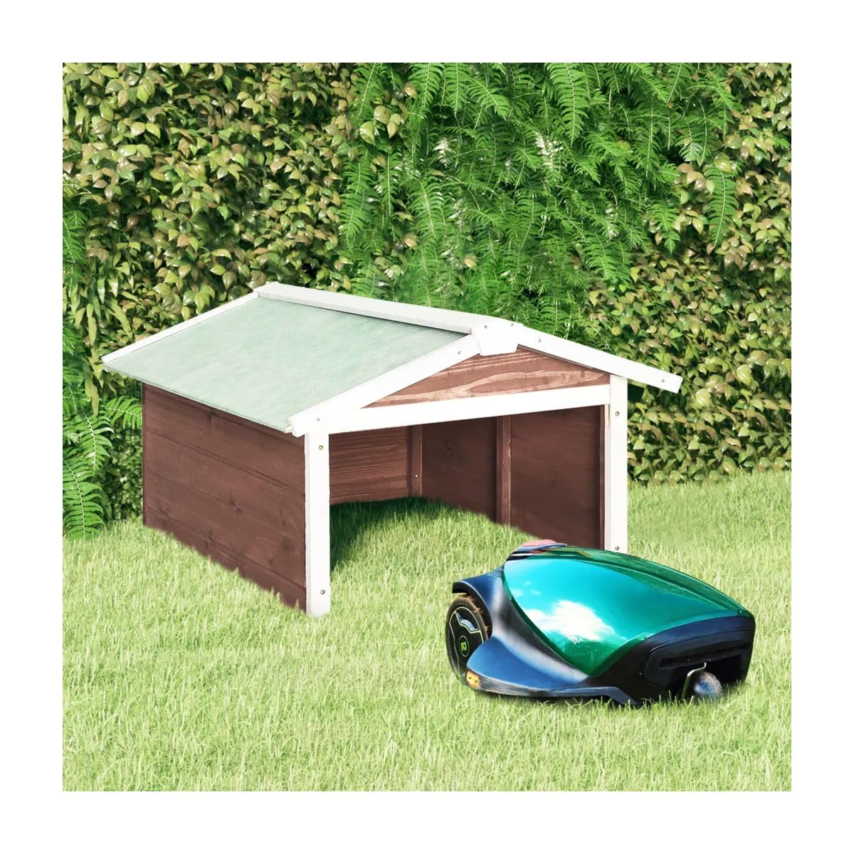 Automatic Robotic Lawn Mower Garage 28.3x34.3x19.7 Inch - Mocca & White Firwood Storage Shed for Outdoor Robot Mowers - Perfect for Backyard, Garden & Patio Lawn Care