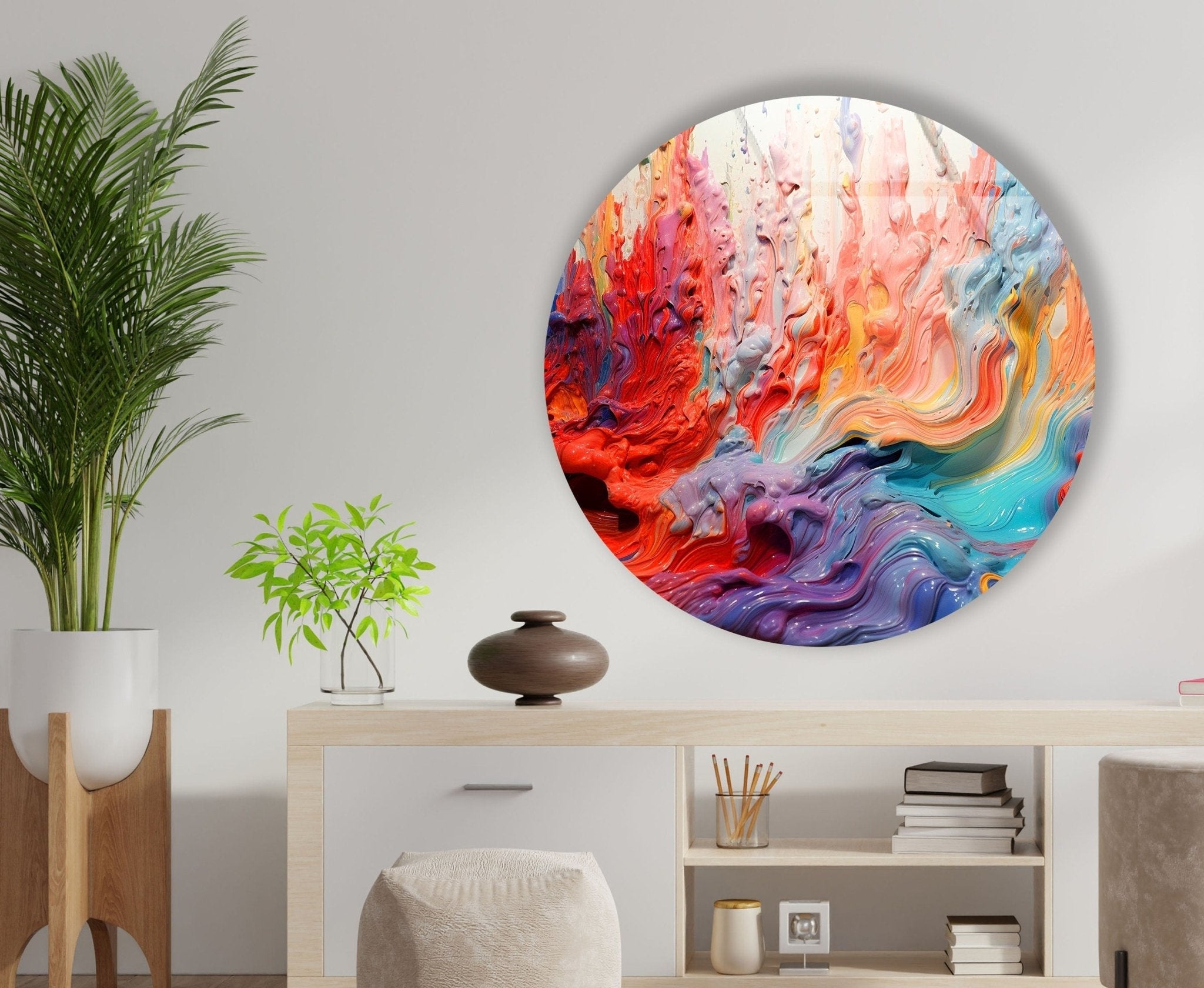 Abstract Round Pink Oil Art Glass Wall Decor - Modern Handmade Glass Painting for Living Room, Bedroom & Office