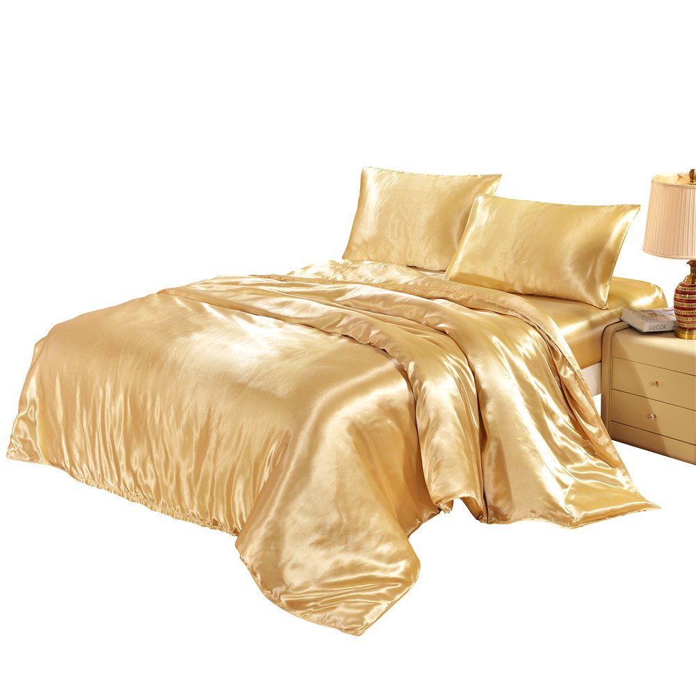 Luxury Silky Satin Duvet Cover Set - Ultra Soft Hotel Quality Comforter Cover with Button Closure & Corner Ties - Twin/Twin XL Size - Yellow - Perfect for Bedroom, Guest Room & Airbnb Decor