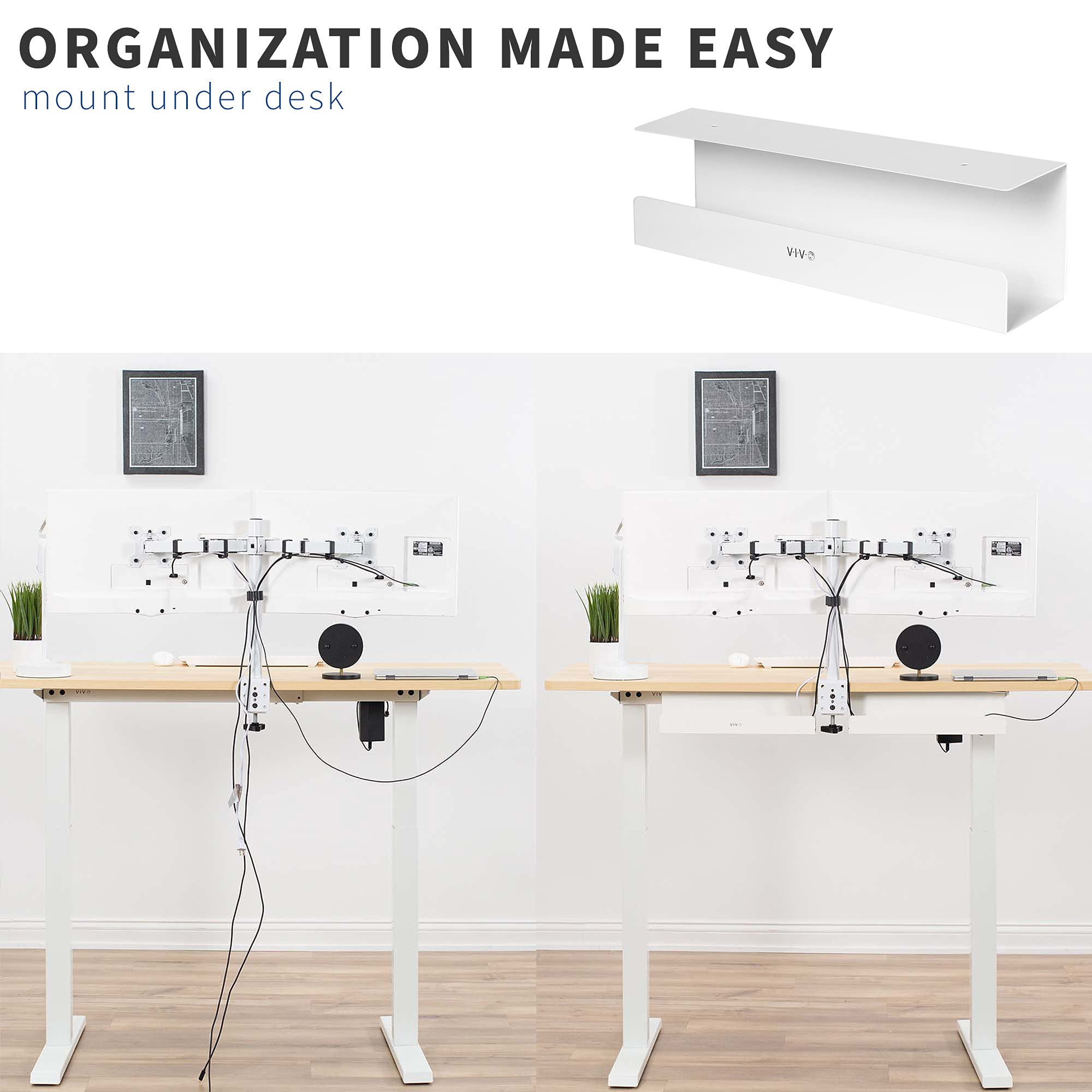 2 Pack VIVO Under Desk 17-Inch Cable Management Tray - White Cord Organizer for Home Office Desk Accessories | Perfect for Computer, TV, and Gaming Setup Wire Organization (Model DESK-AC06-2CW)