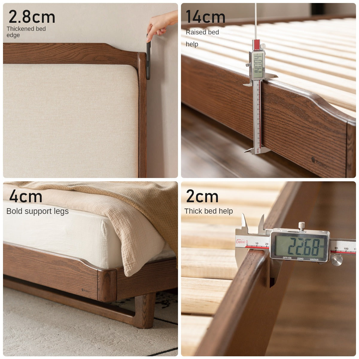 Solid Oak Wood Leather Upholstered Soft Bed - Queen Size Bed Frame with Tufted Headboard for Bedroom, Guest Room & Master Suite