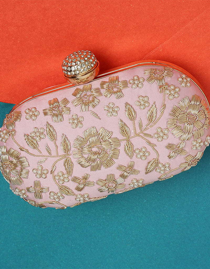 Trendy Baby Pink Embroidered Designer Clutch Bag for Women - Perfect for Parties, Weddings & Evening Events