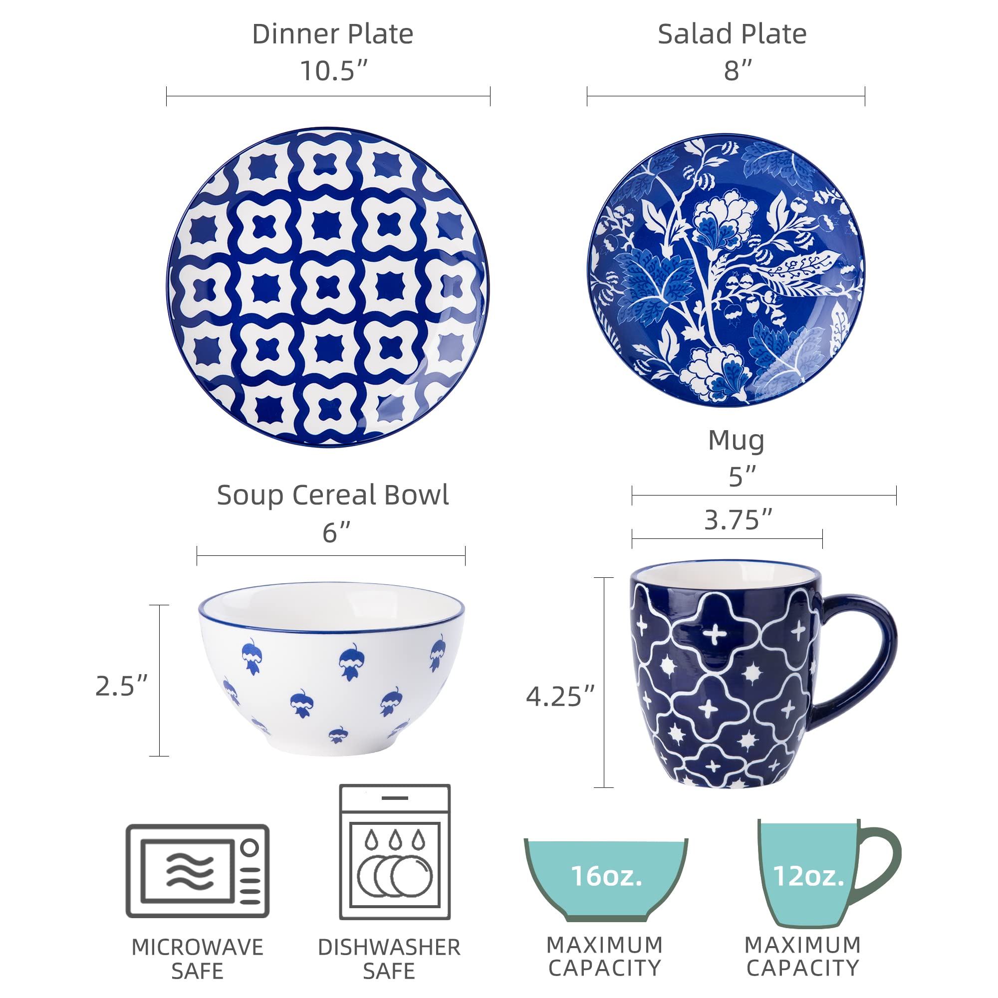 Wisenvoy 16-Piece Stoneware Dinnerware Set - Plates & Bowls for 4, Durable Porcelain Dish Set for Everyday Use, Family Dinners & Entertaining Guests